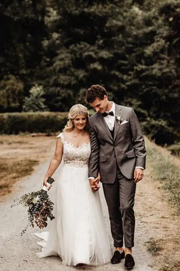 Ivory Tulle A-line Illusion Neck Wedding Dresses with Lace Appliques, MW573