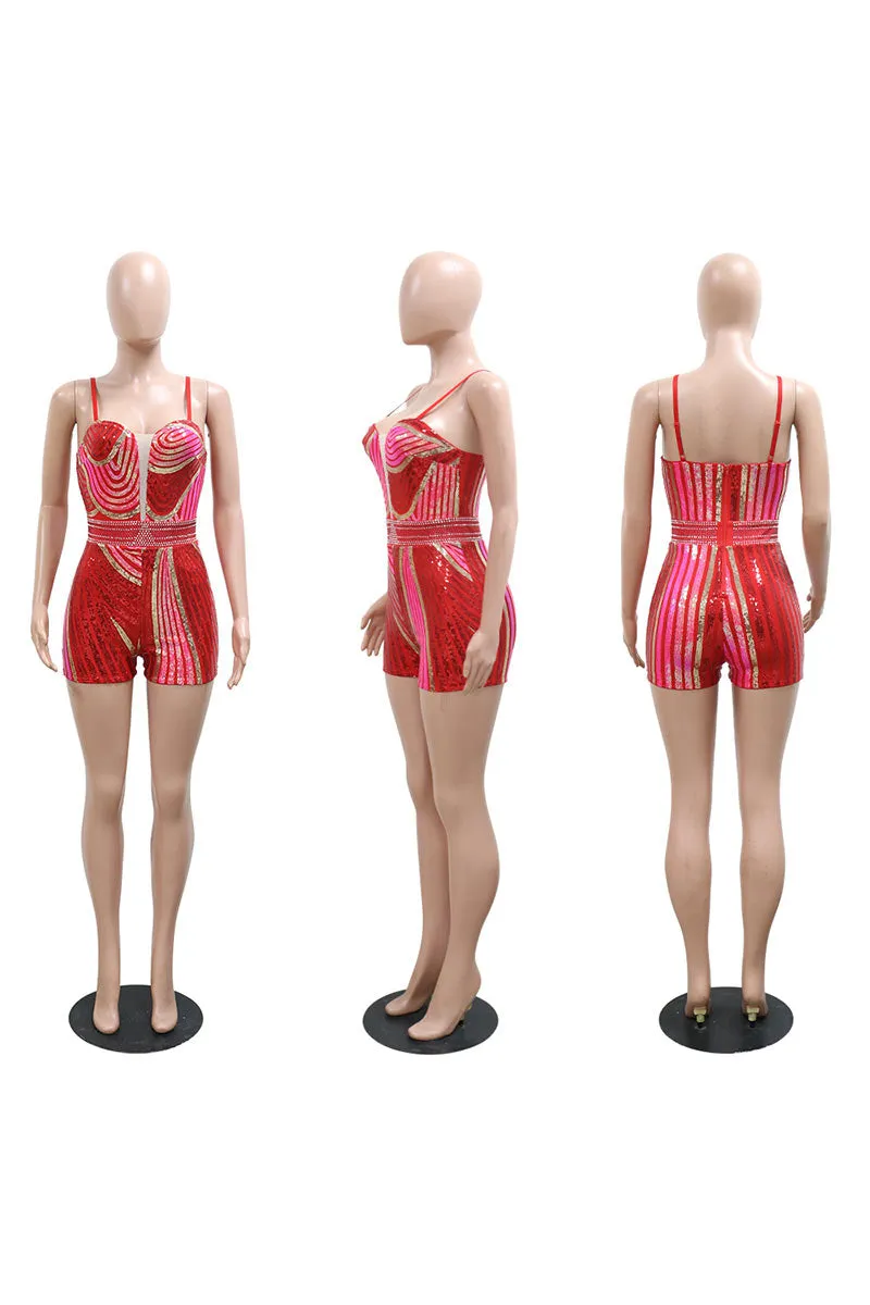 JI822 Striped Sequins Camisole Rompers