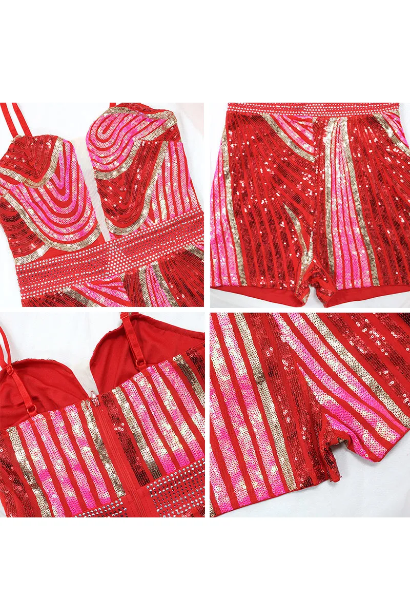 JI822 Striped Sequins Camisole Rompers