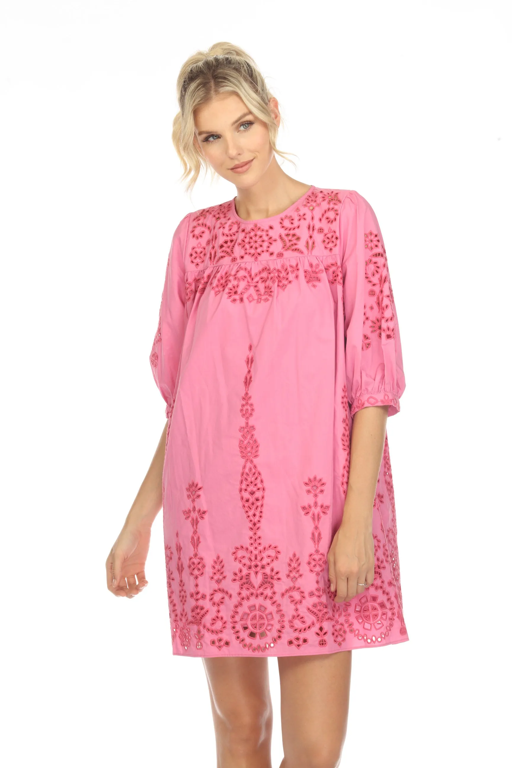 Johnny Was Jade Pink Primrose Eyelet Embroidered Mini Dress Boho Chic L38223