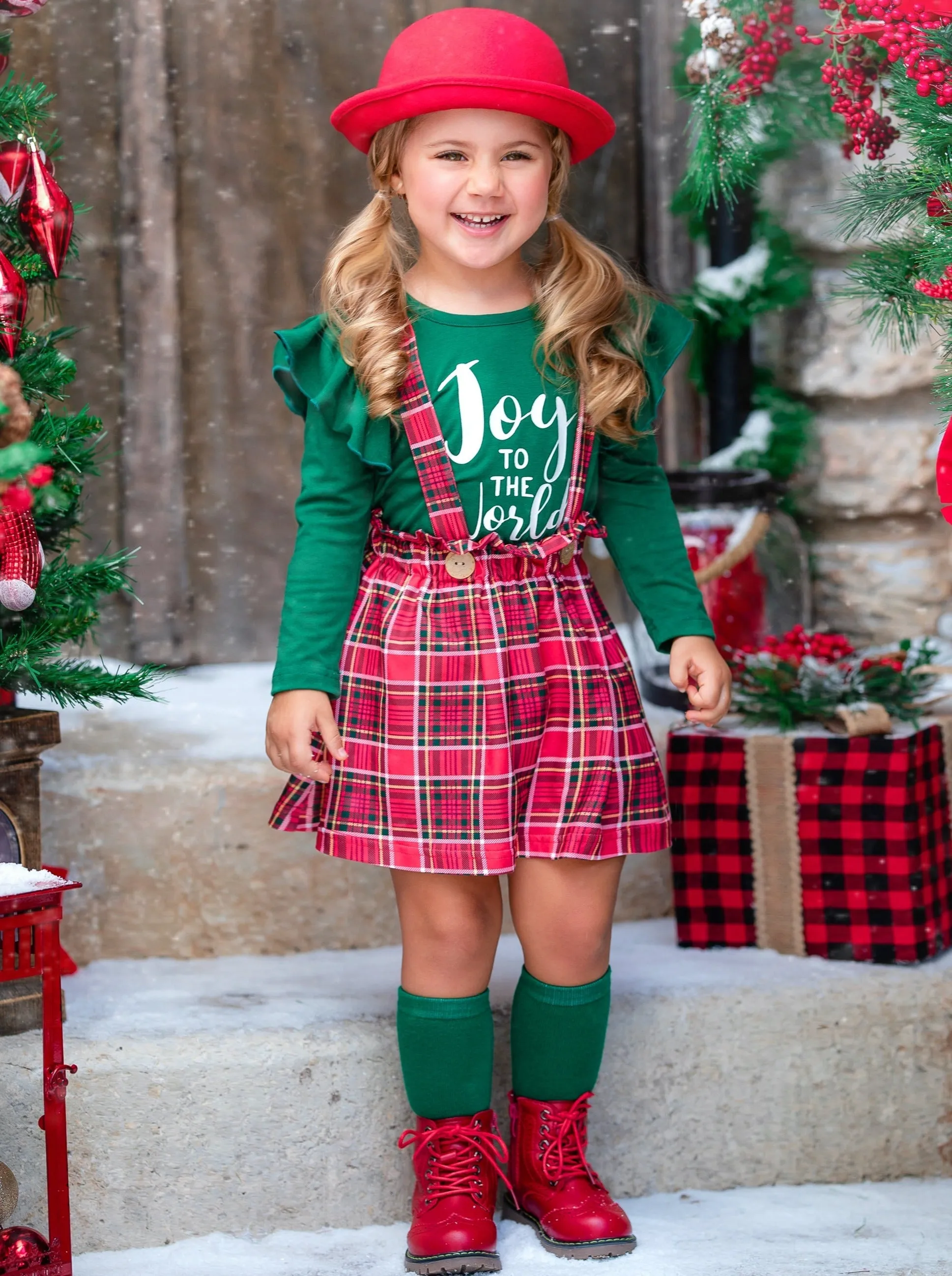 Joy To The World Plaid Suspender Skirt Set