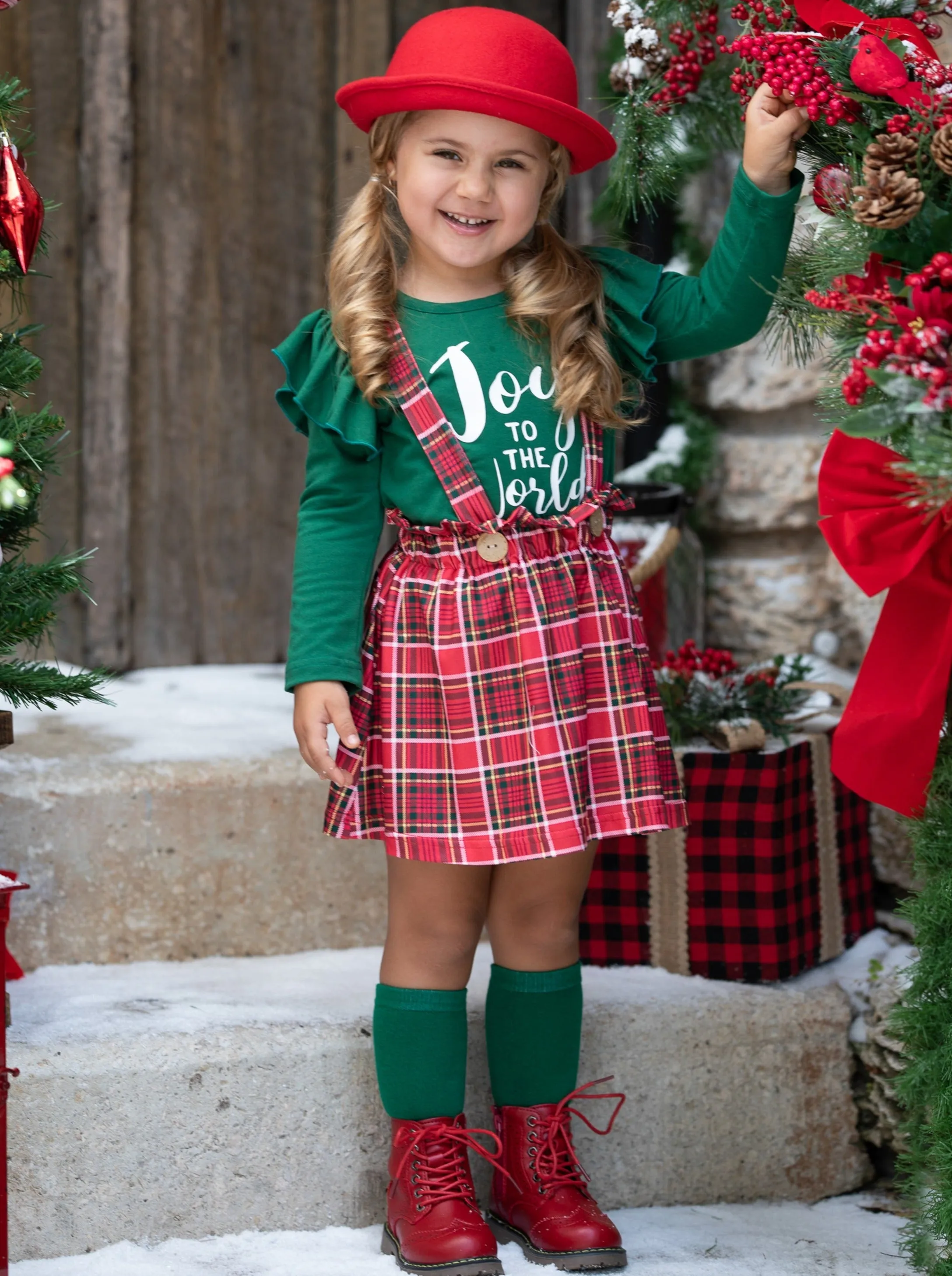 Joy To The World Plaid Suspender Skirt Set