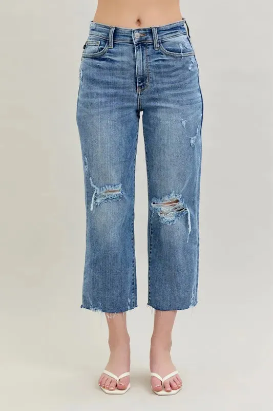 Judy Blue Full Size High Waist Destroy Crop Wide Leg Jeans Plus Size