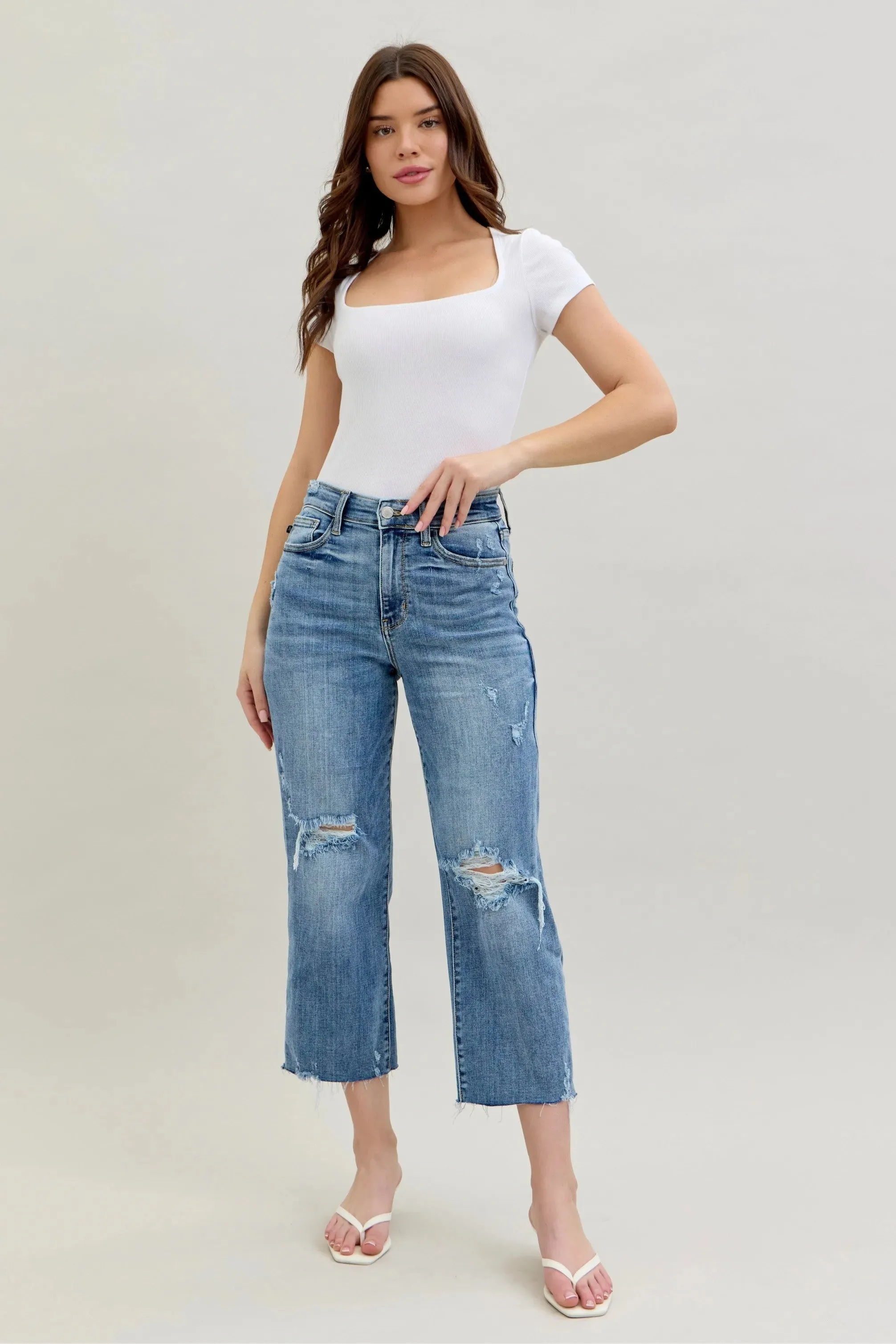 Judy Blue Full Size High Waist Destroy Crop Wide Leg Jeans Plus Size