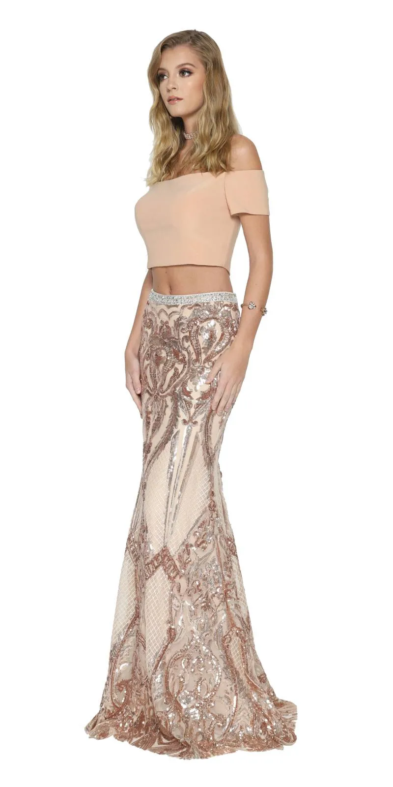 Juliet 663 Off-Shoulder Crop Top Two-Piece Long Dress