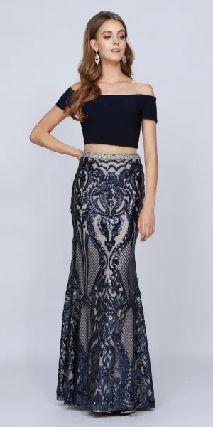 Juliet 663 Off-Shoulder Crop Top Two-Piece Long Dress