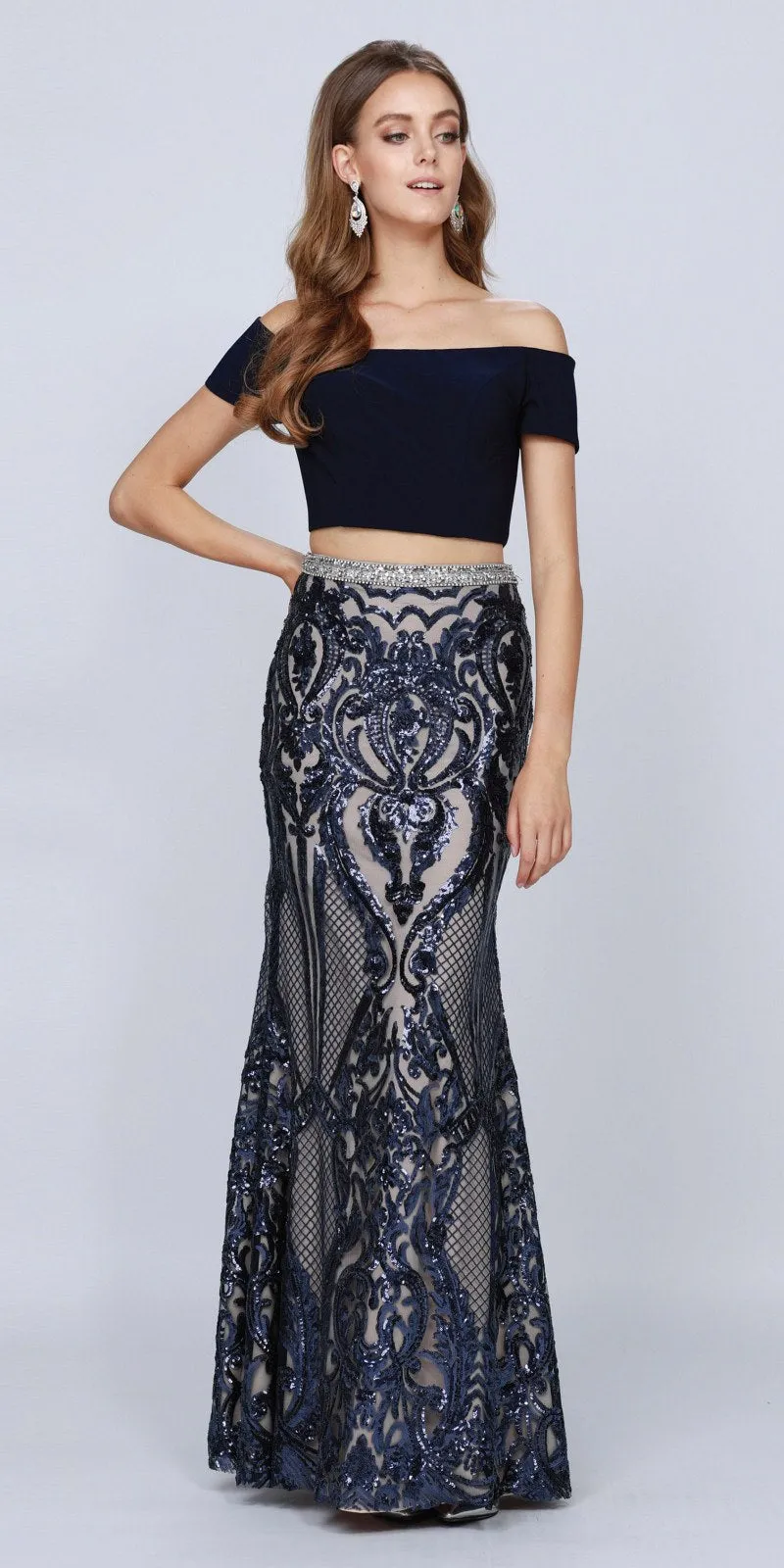 Juliet 663 Off-Shoulder Crop Top Two-Piece Long Dress