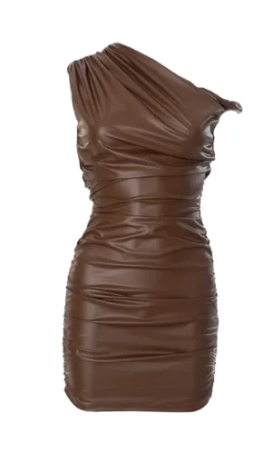 Kadwyn Ruched Asymmetric Faux Leather Mini Dress in Brown