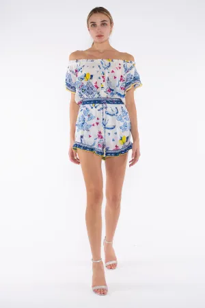KAMARI TOP - BLUE GREEK BIRDS WITH YELLOW LEMONS