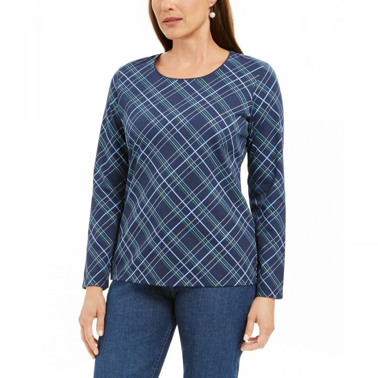 Karen Scott Women's Holly Plaid Embellished Top Intrepid Blue XXL