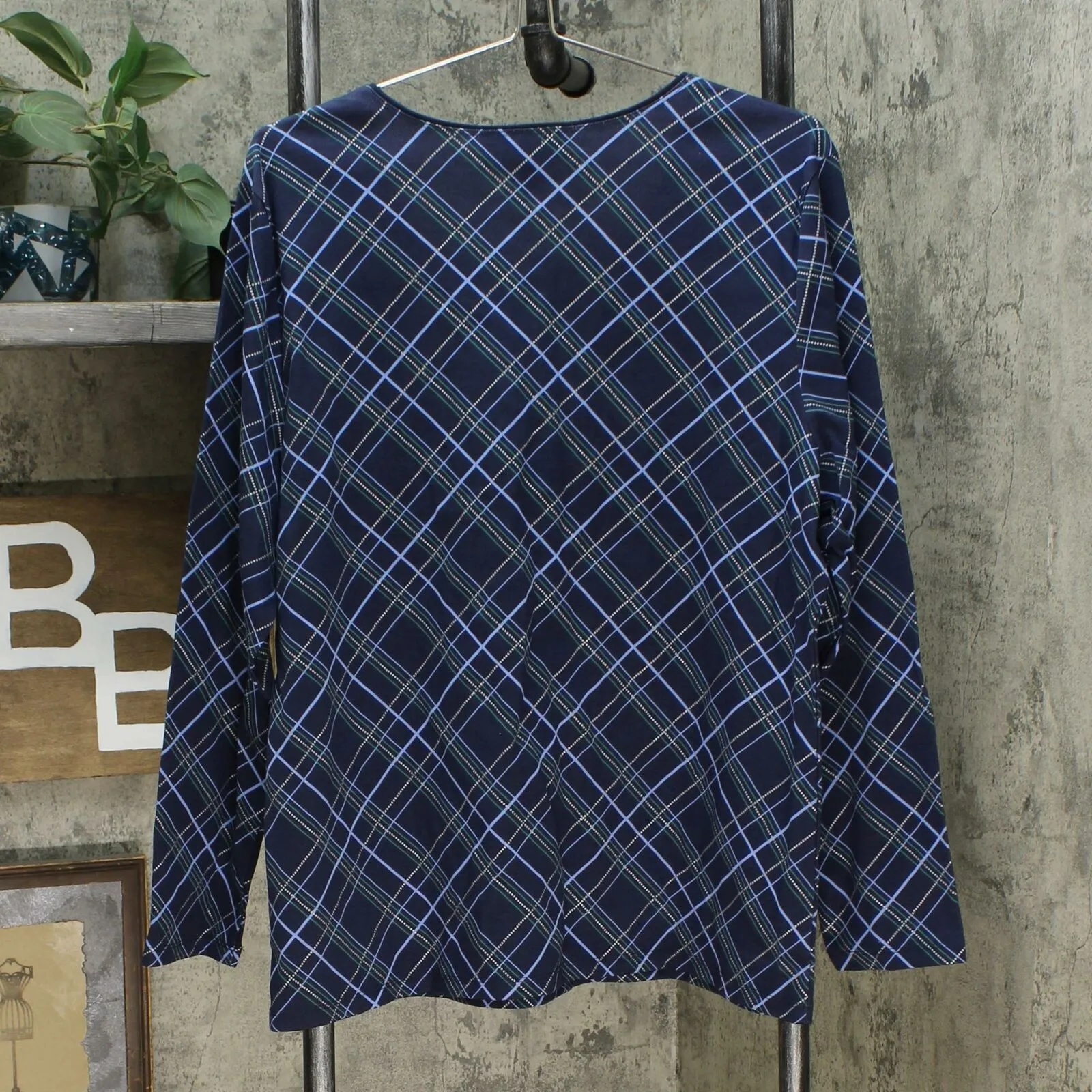 Karen Scott Women's Holly Plaid Embellished Top Intrepid Blue XXL