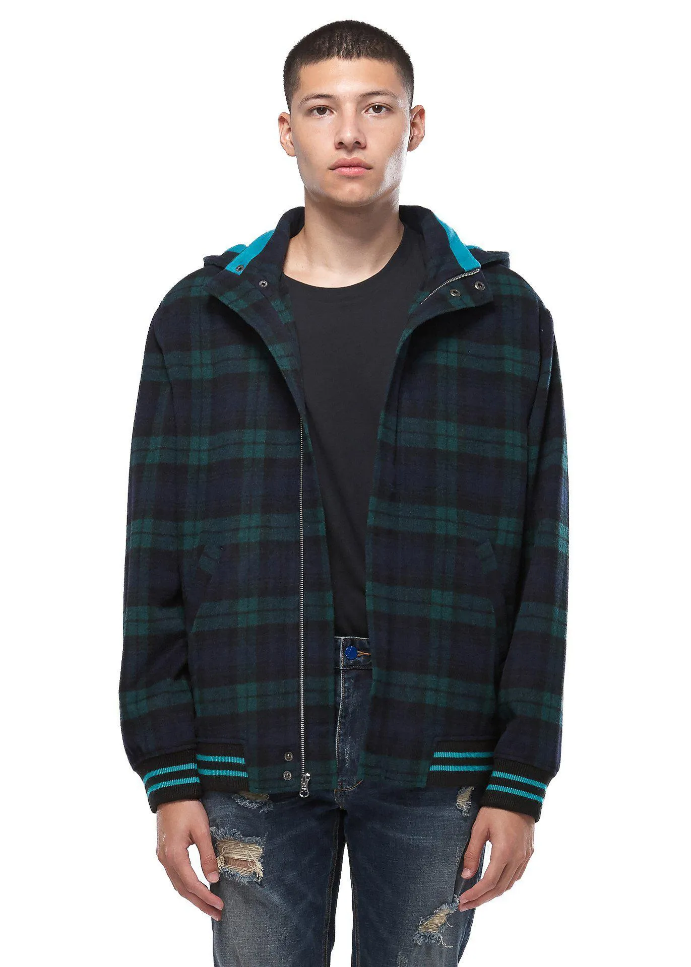 Konus Men's Wool Blend Plaid Hooded Zip Up Jacket - Green