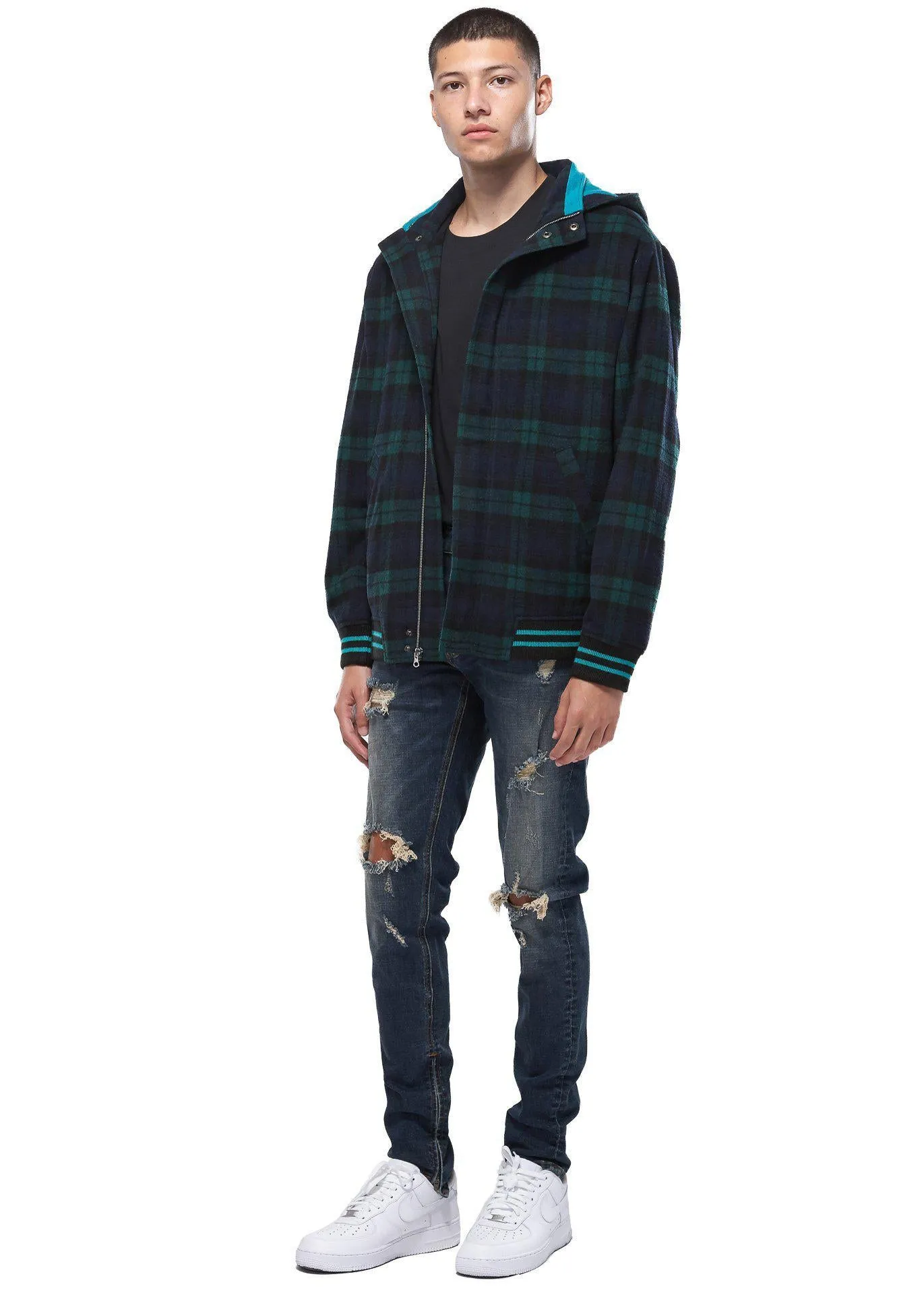 Konus Men's Wool Blend Plaid Hooded Zip Up Jacket - Green