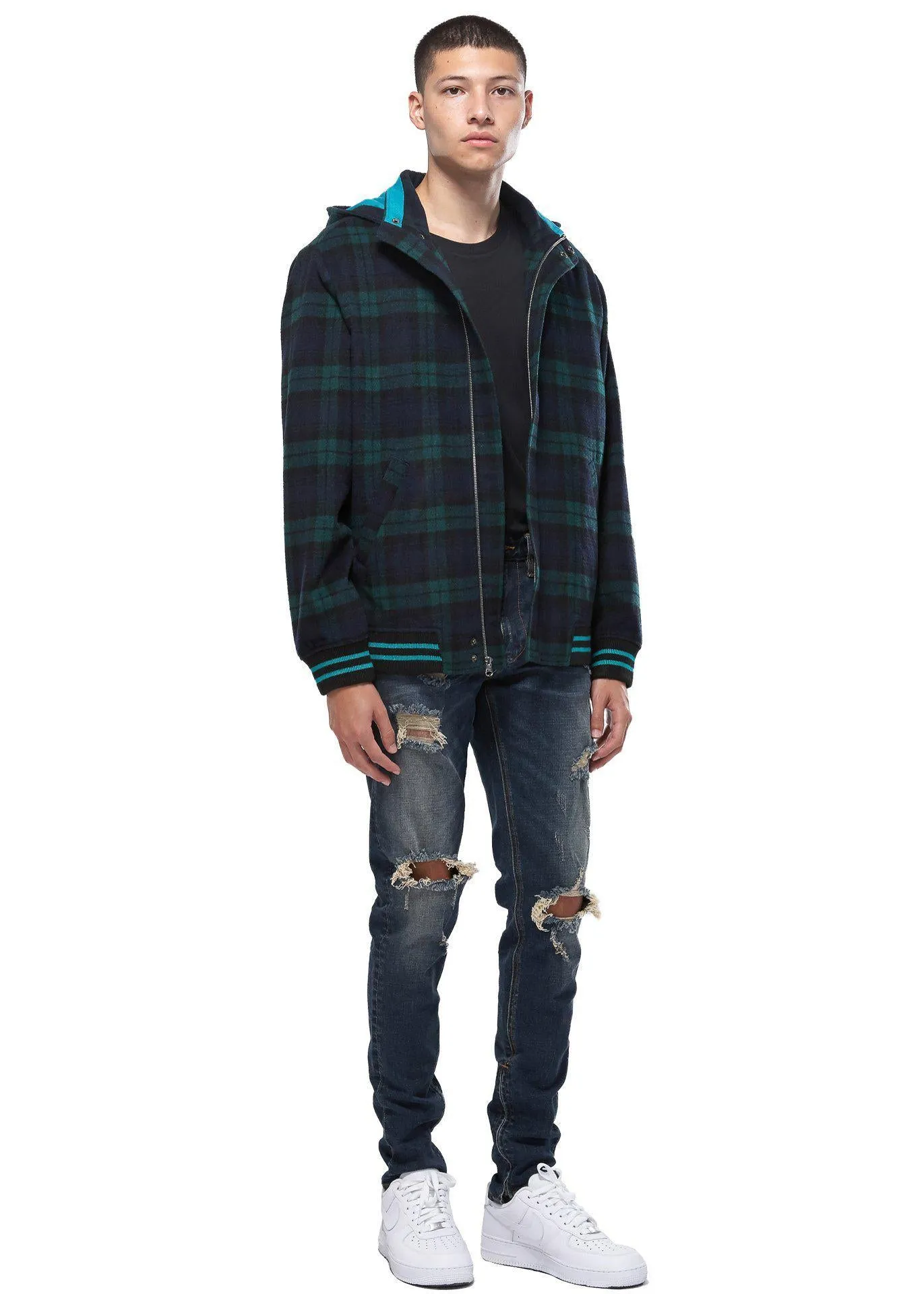 Konus Men's Wool Blend Plaid Hooded Zip Up Jacket - Green