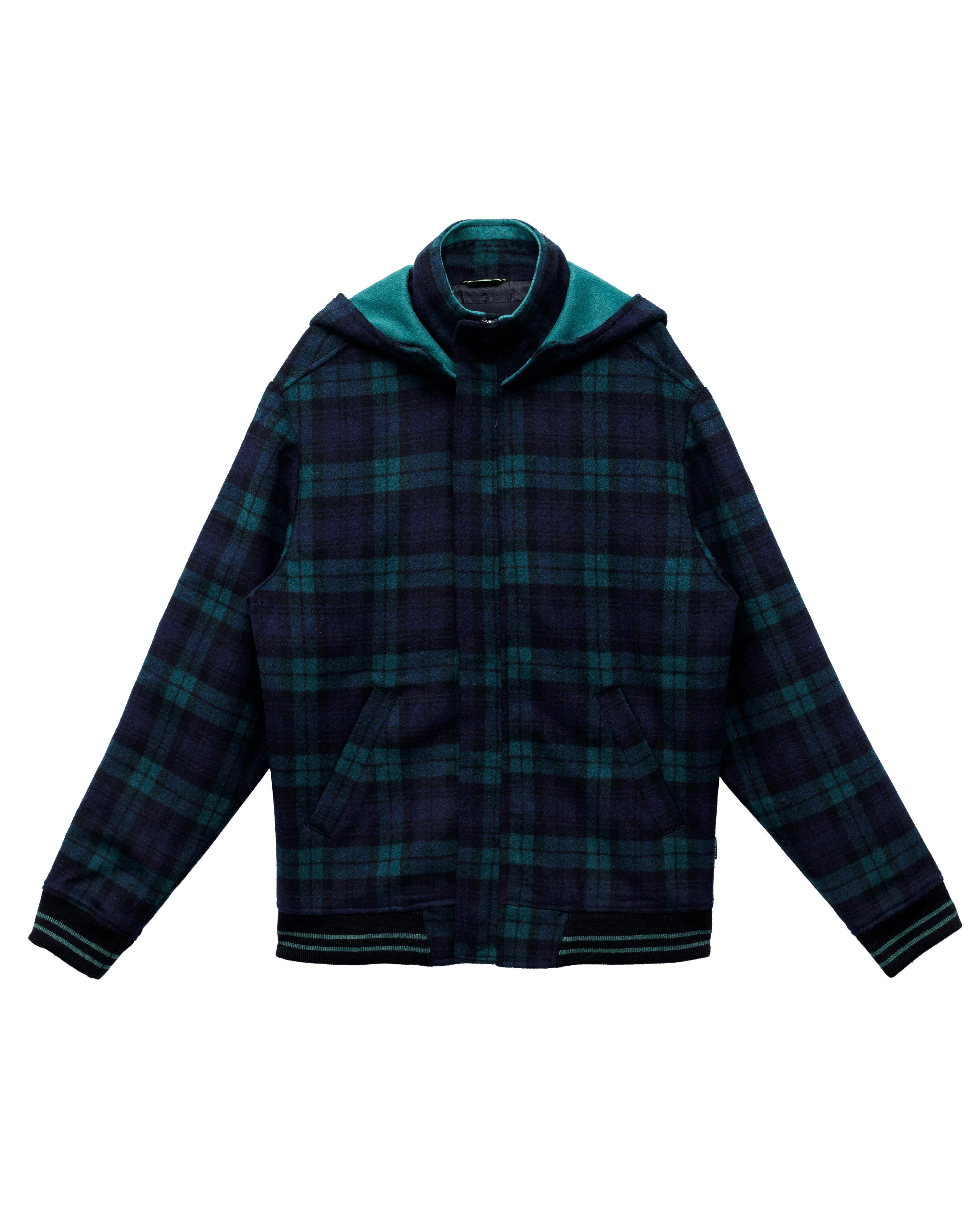 Konus Men's Wool Blend Plaid Hooded Zip Up Jacket in Green