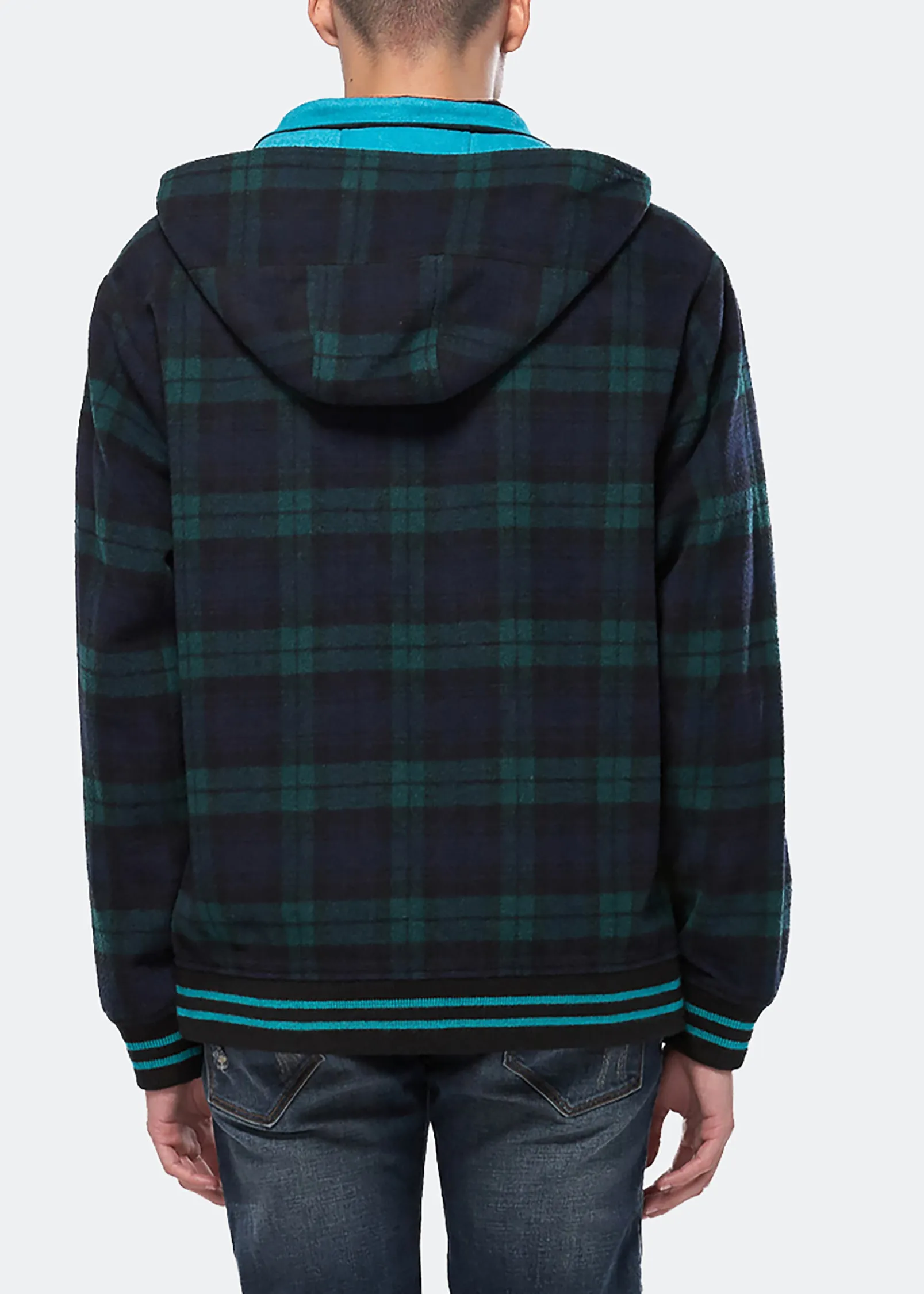 Konus Men's Wool Blend Plaid Hooded Zip Up Jacket in Green