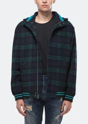 Konus Men's Wool Blend Plaid Hooded Zip Up Jacket in Green