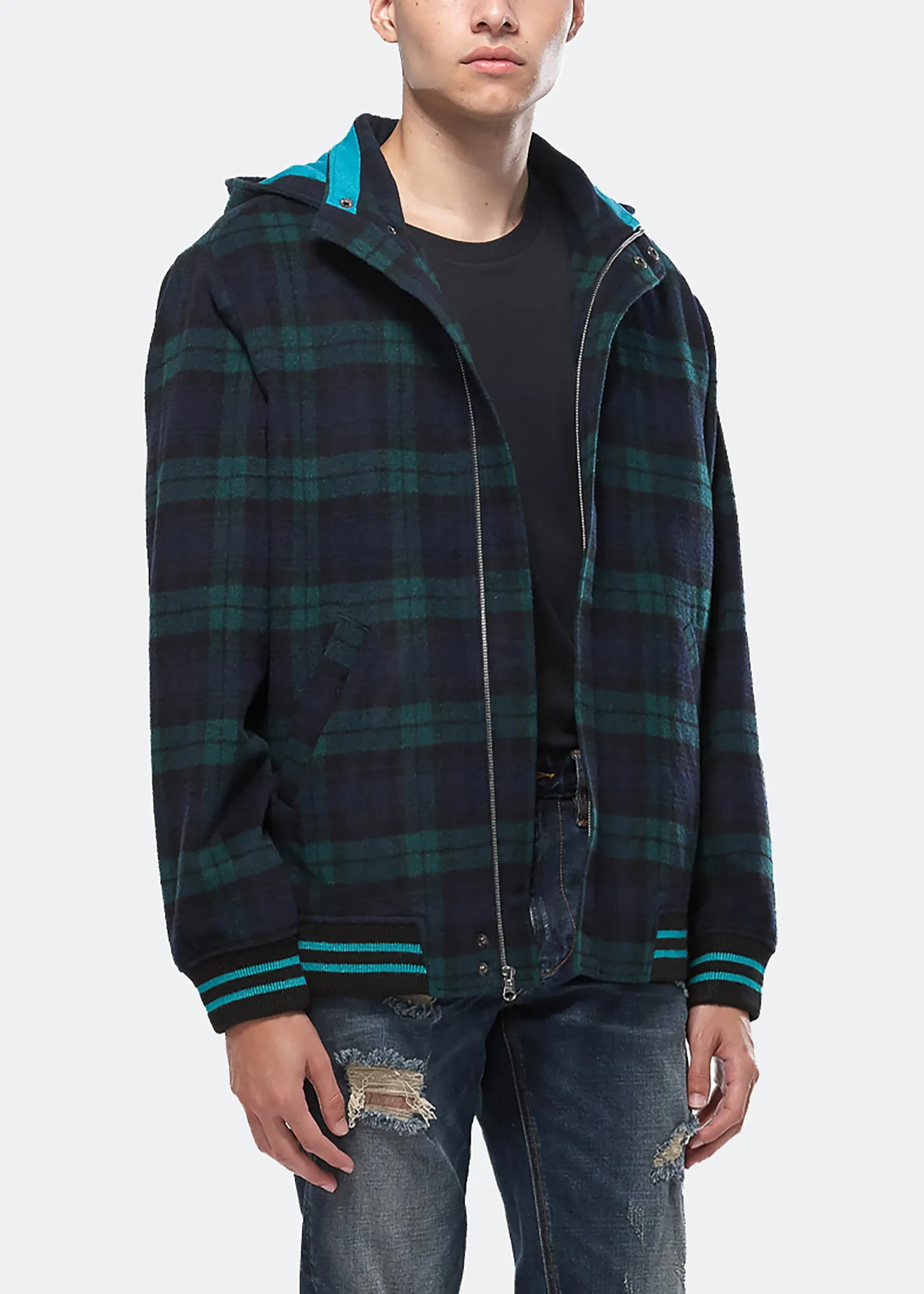 Konus Men's Wool Blend Plaid Hooded Zip Up Jacket in Green