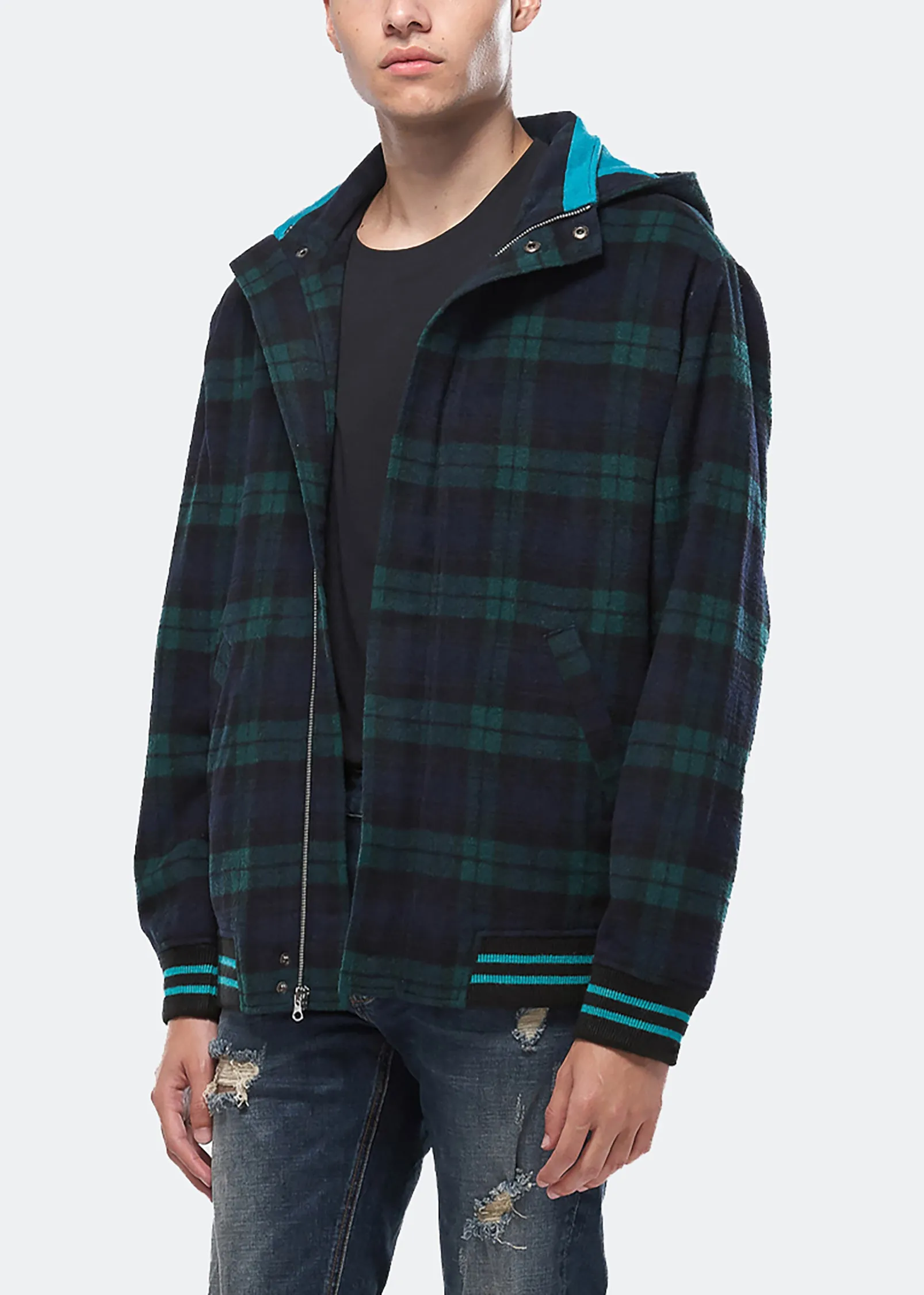 Konus Men's Wool Blend Plaid Hooded Zip Up Jacket in Green