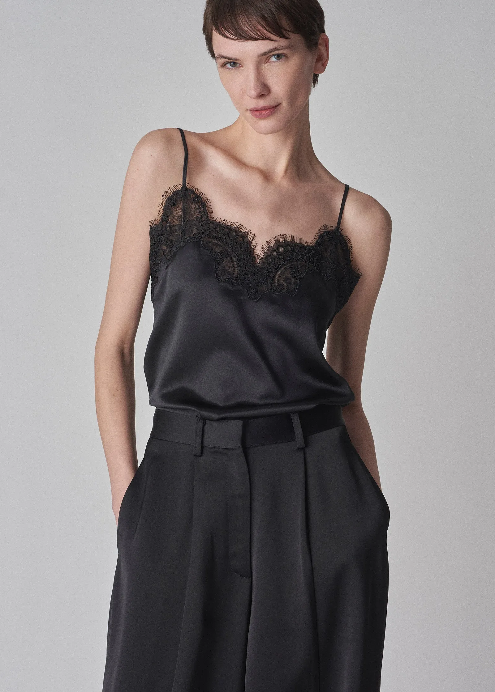 Lace Camisole in Silk Satin - Black