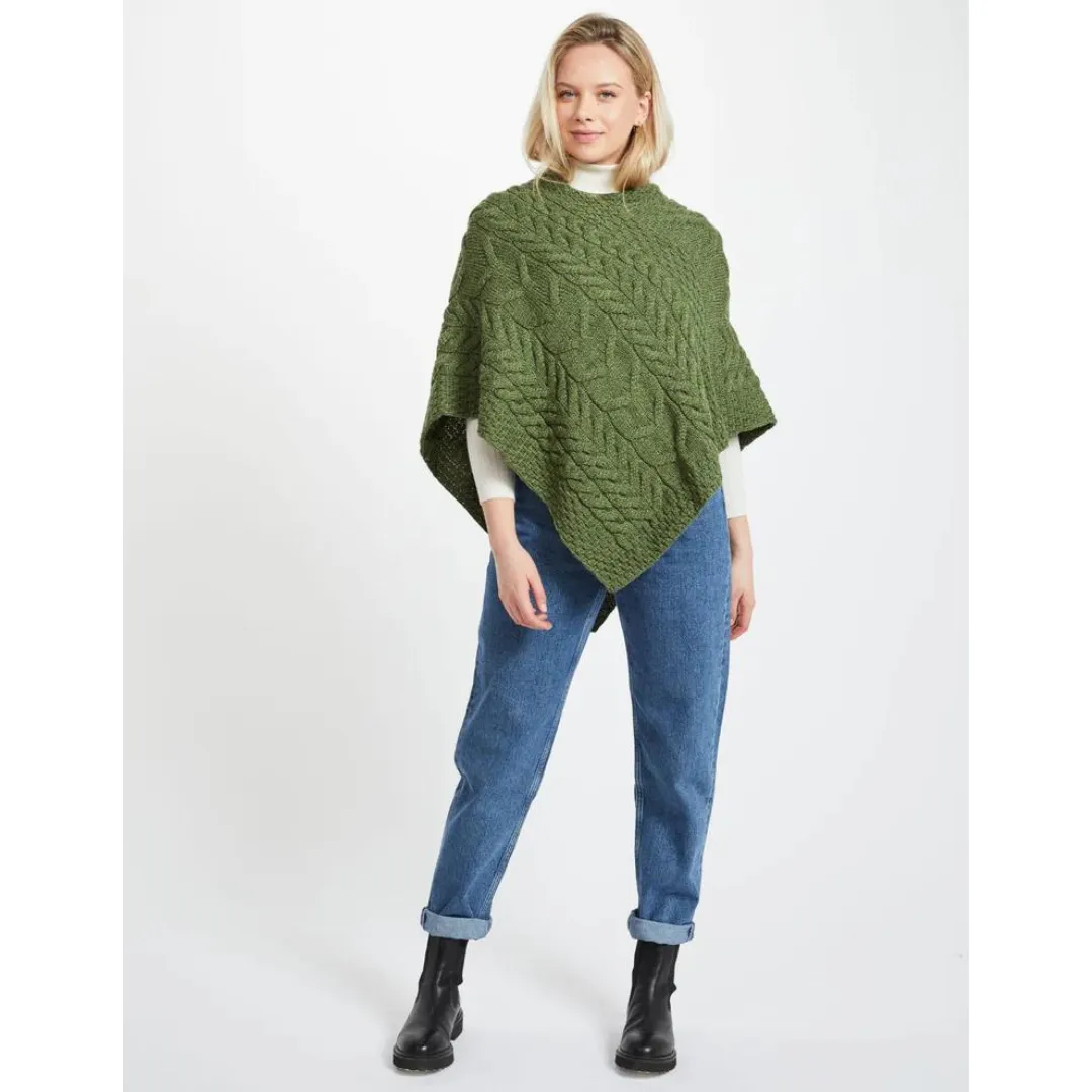 Ladies Aran Cable Knit Triangular Poncho Green