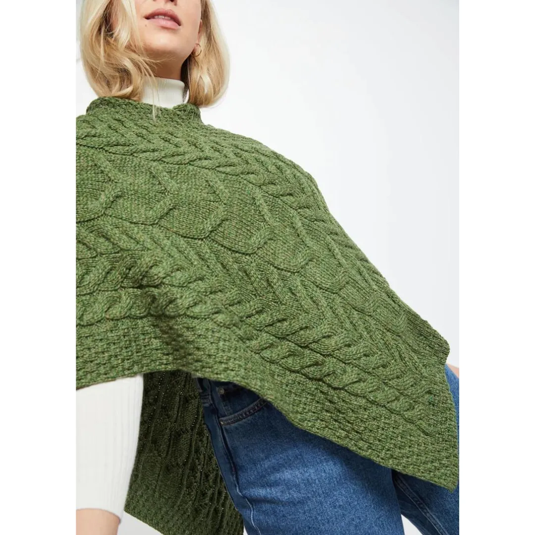 Ladies Aran Cable Knit Triangular Poncho Green