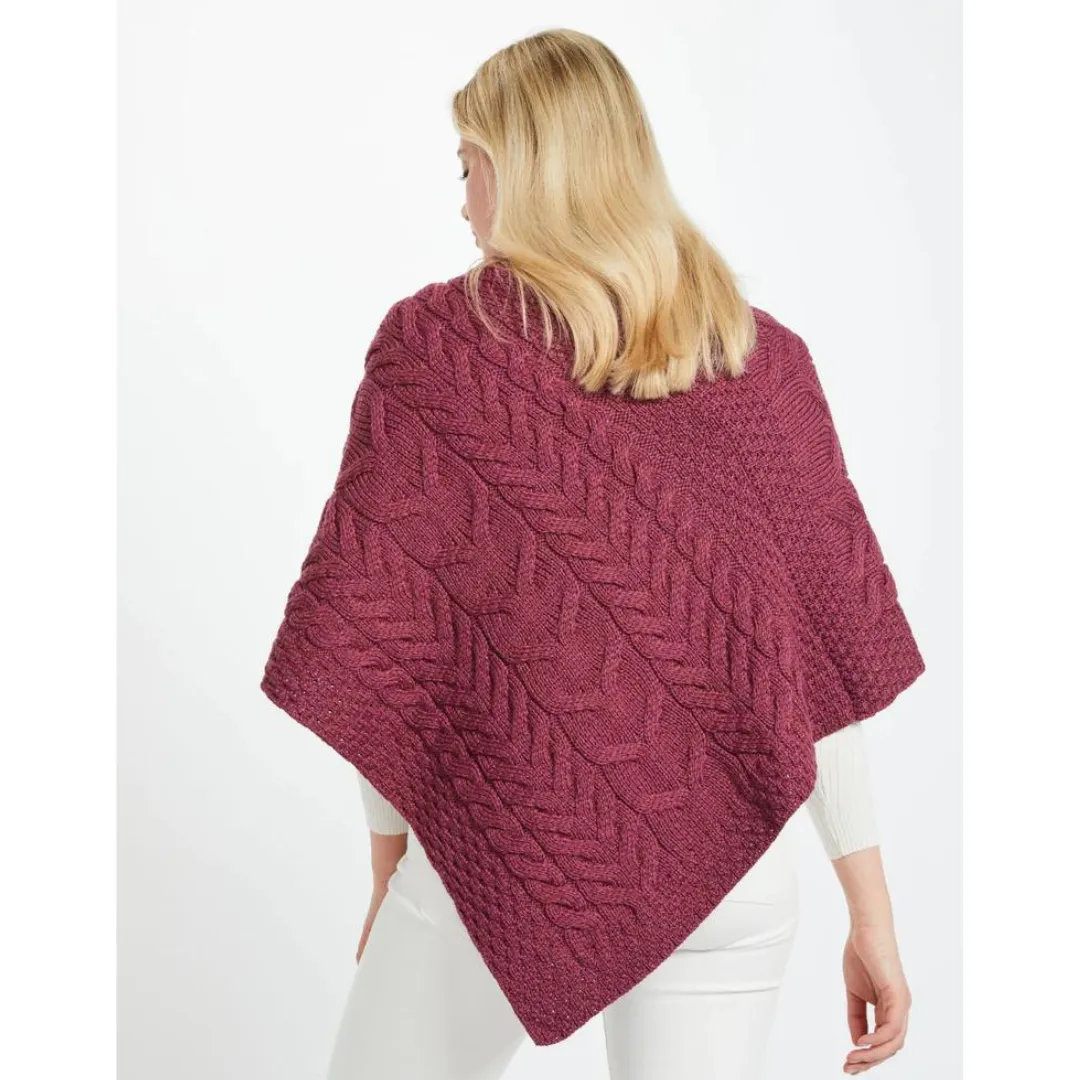 Ladies Aran Cable Knit Triangular Poncho Raspberry