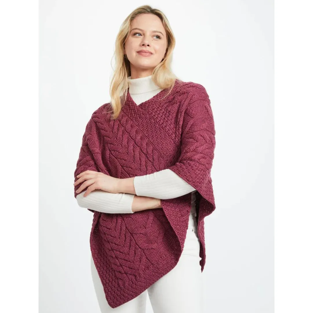 Ladies Aran Cable Knit Triangular Poncho Raspberry