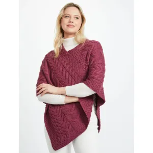 Ladies Aran Cable Knit Triangular Poncho Raspberry