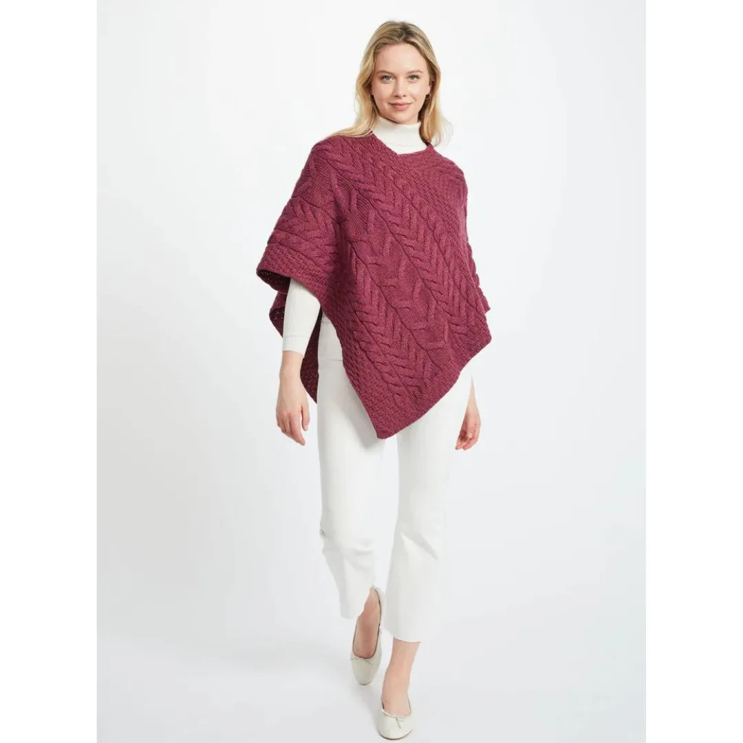 Ladies Aran Cable Knit Triangular Poncho Raspberry