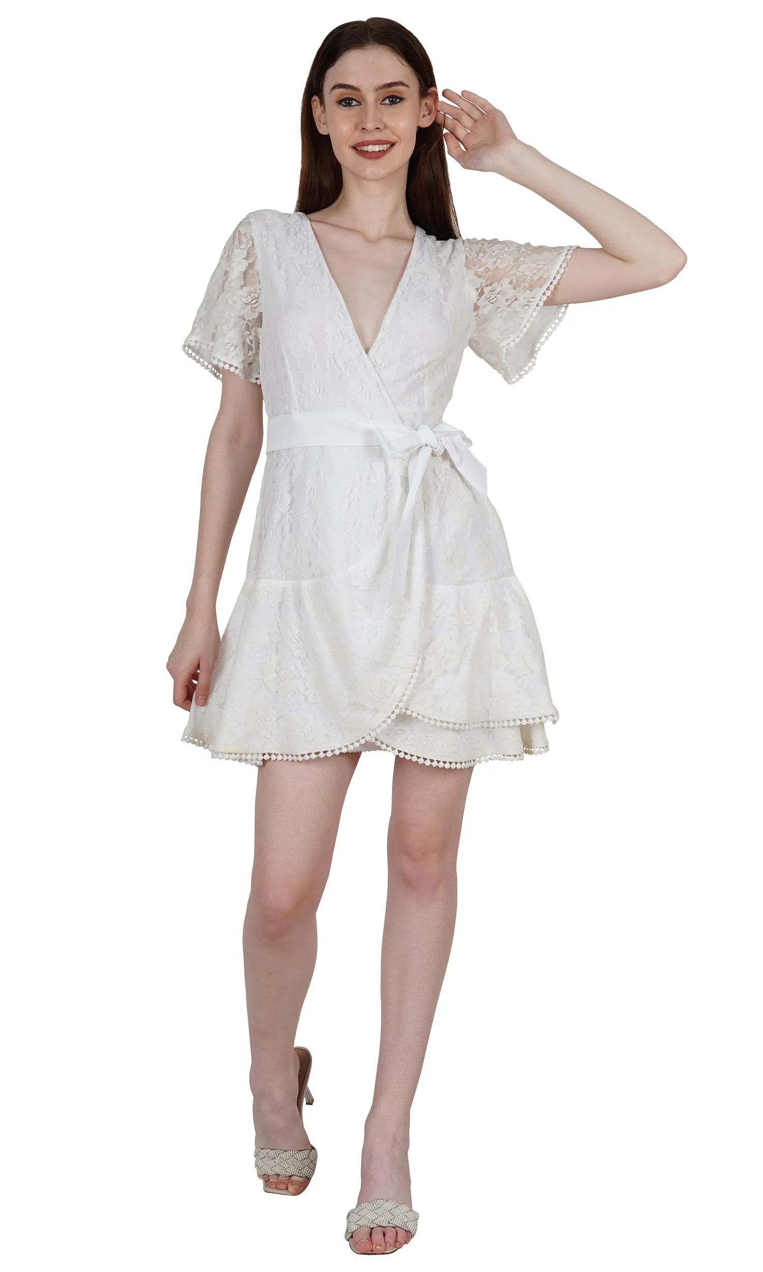 Ladies White Ruffle Lace Wrap Mini Dress