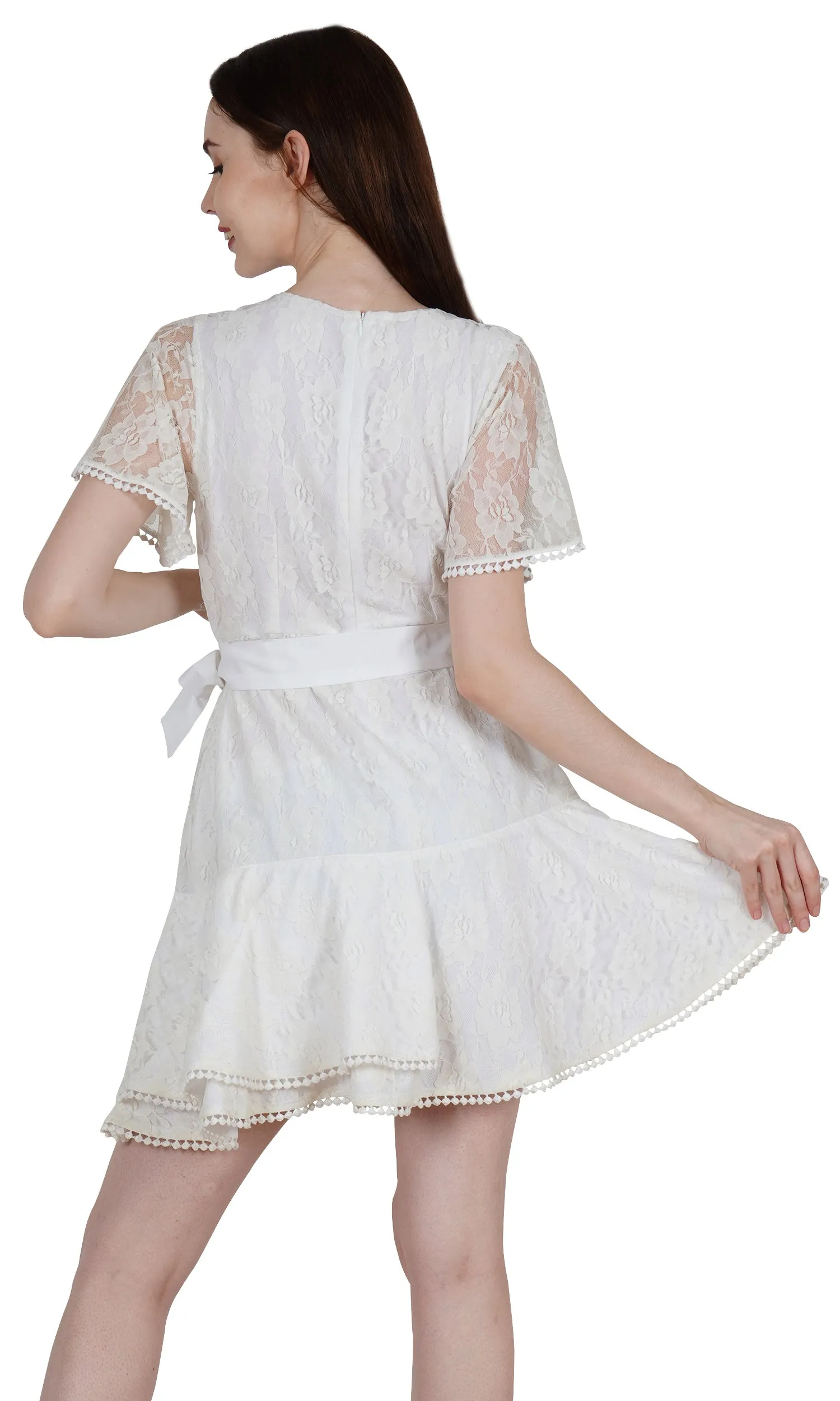 Ladies White Ruffle Lace Wrap Mini Dress