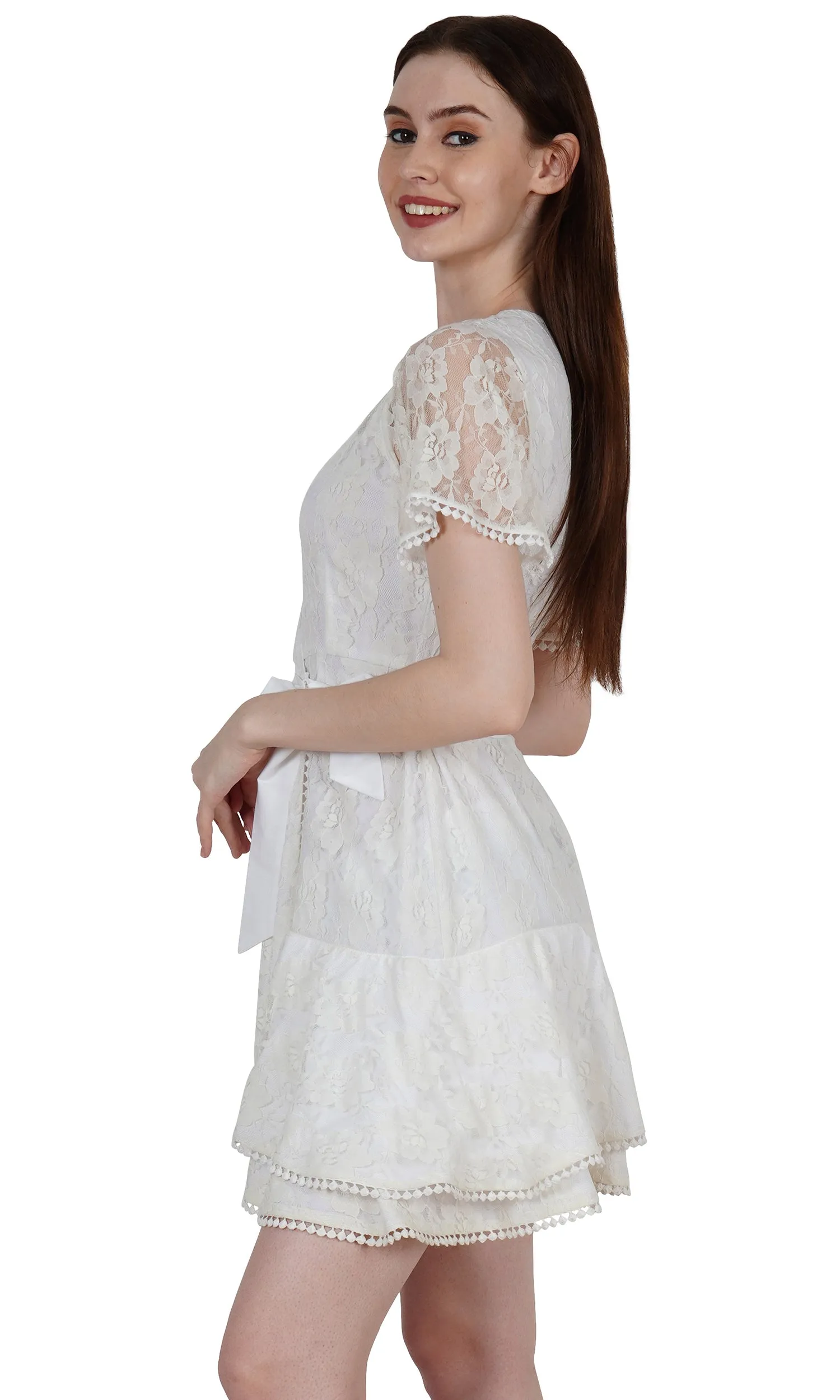 Ladies White Ruffle Lace Wrap Mini Dress
