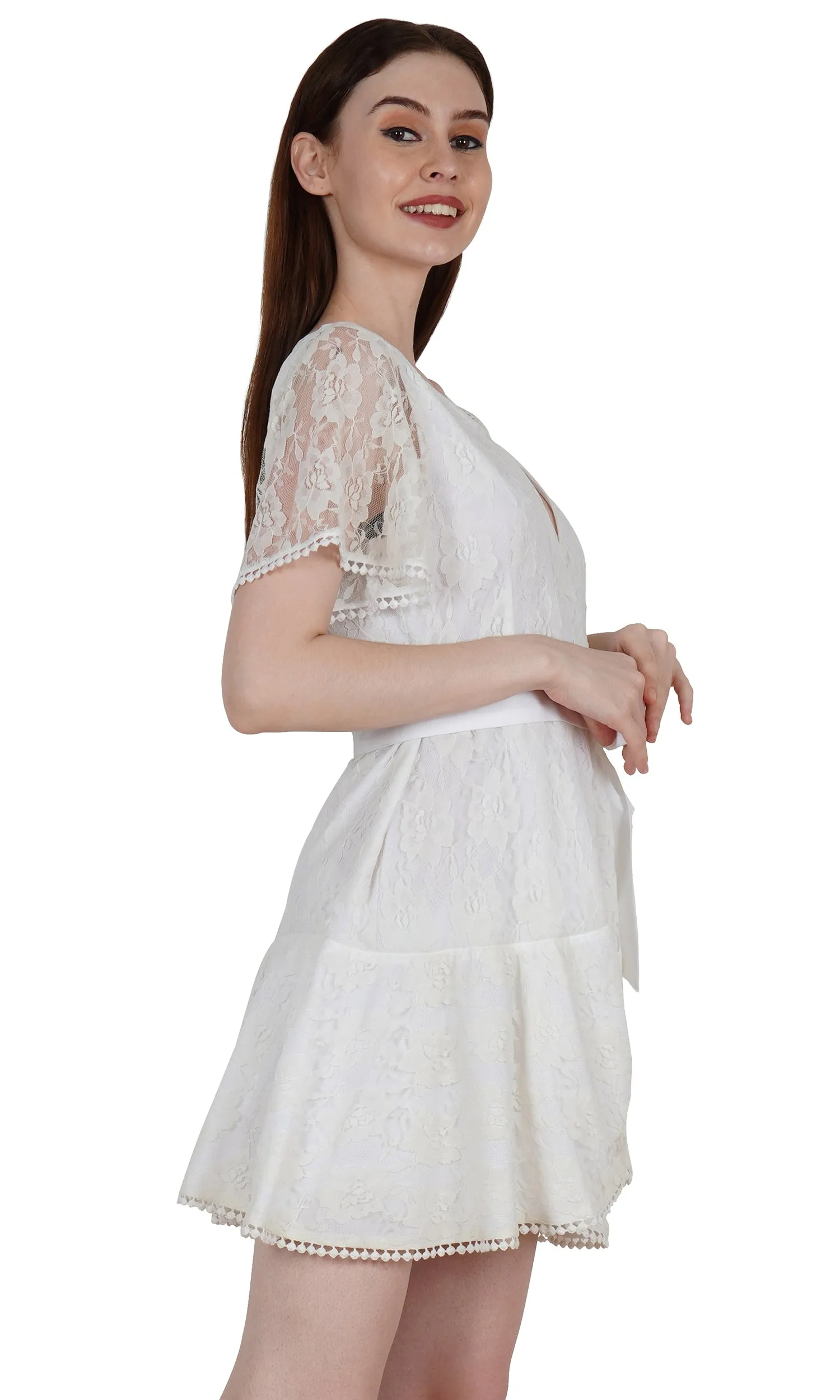 Ladies White Ruffle Lace Wrap Mini Dress