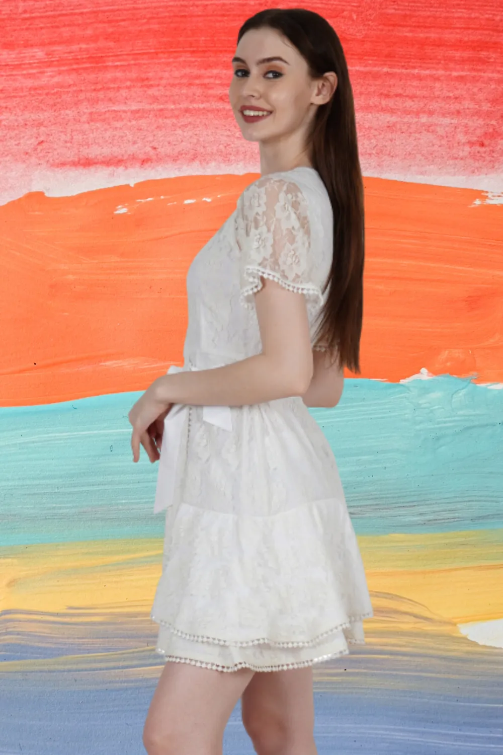 Ladies White Ruffle Lace Wrap Mini Dress