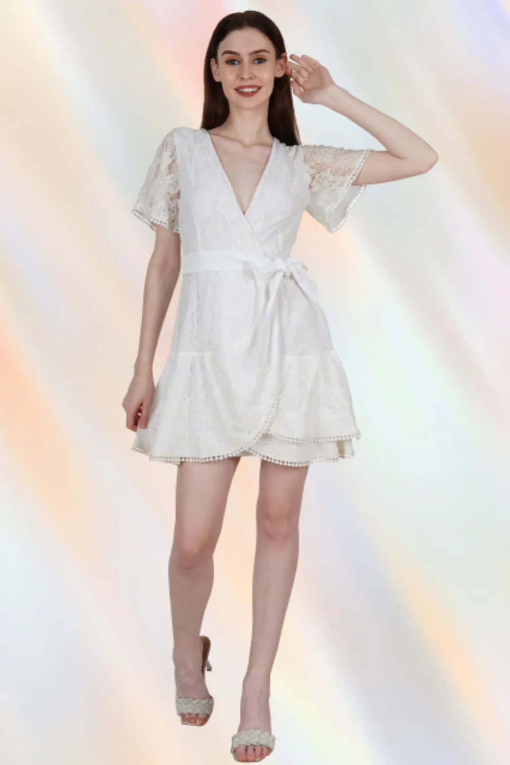 Ladies White Ruffle Lace Wrap Mini Dress