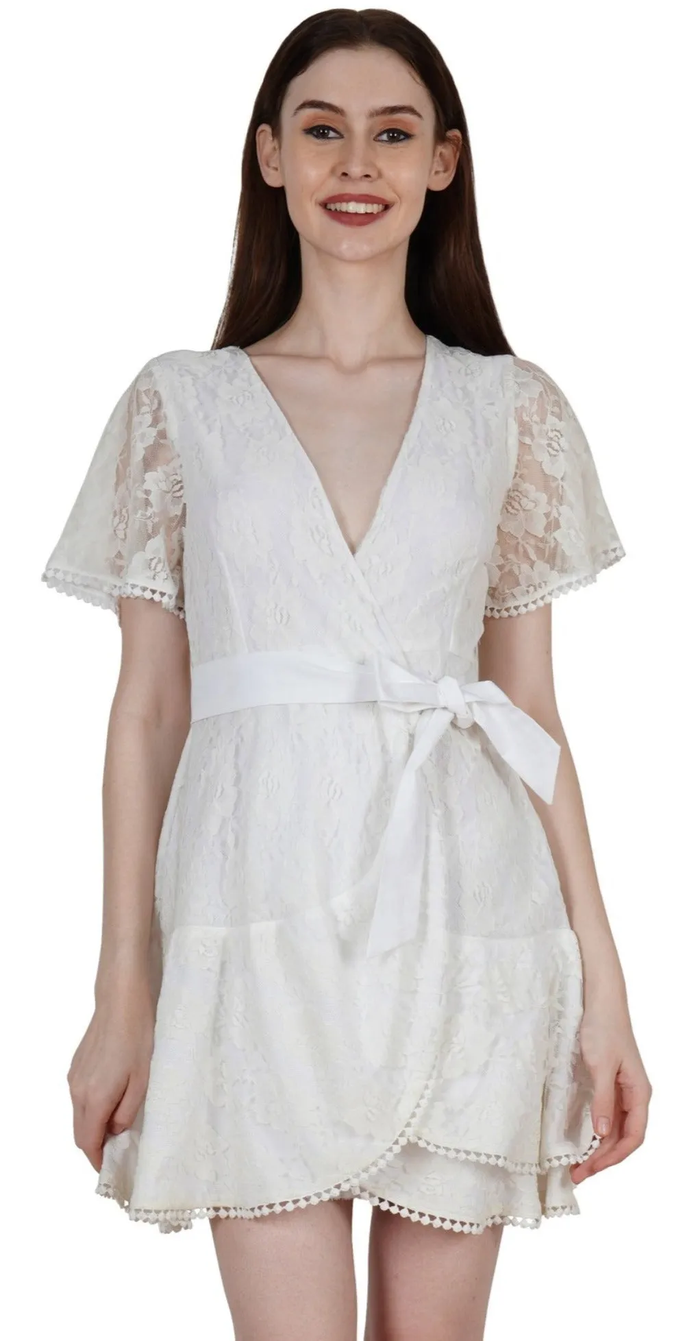 Ladies White Ruffle Lace Wrap Mini Dress