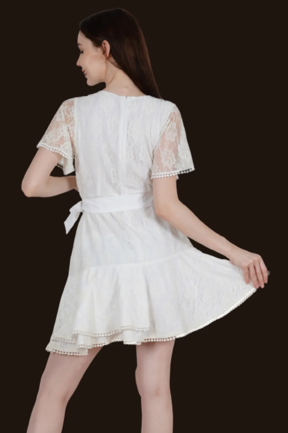 Ladies White Ruffle Lace Wrap Mini Dress