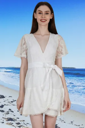 Ladies White Ruffle Lace Wrap Mini Dress