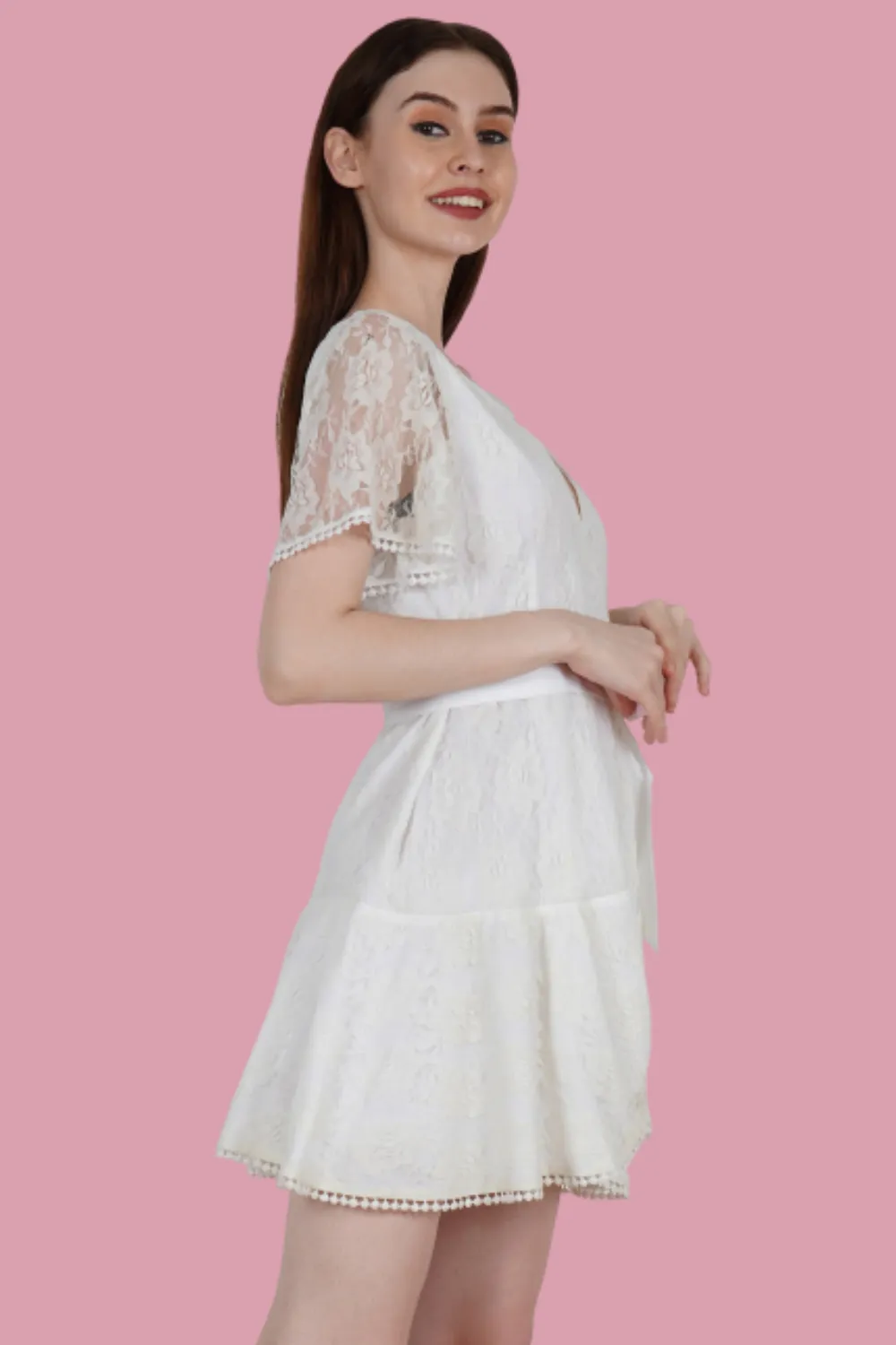 Ladies White Ruffle Lace Wrap Mini Dress