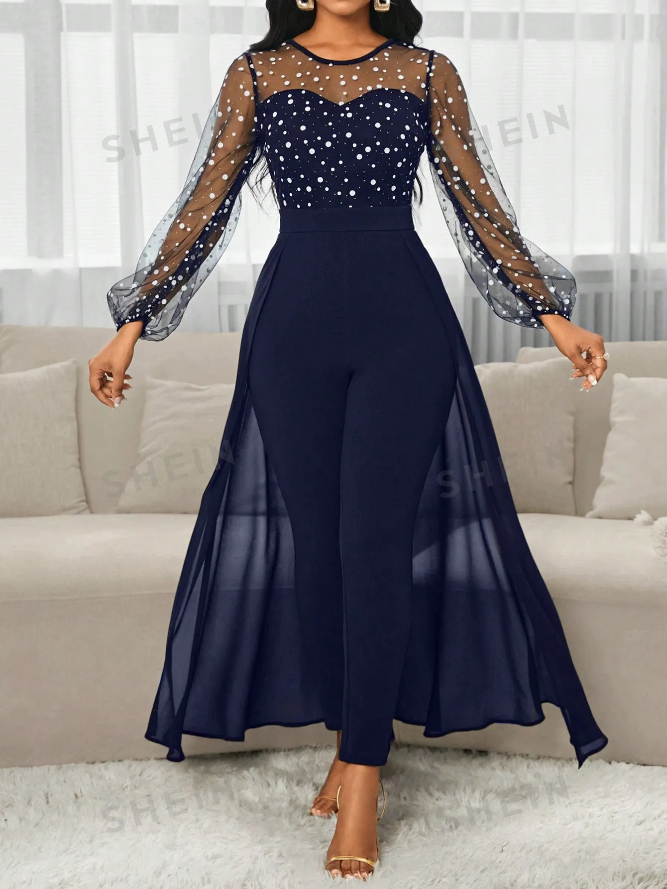 Lady Women's Fashion Elegant Round Neck Mesh Puff Sleeve 2 In 1 Dress