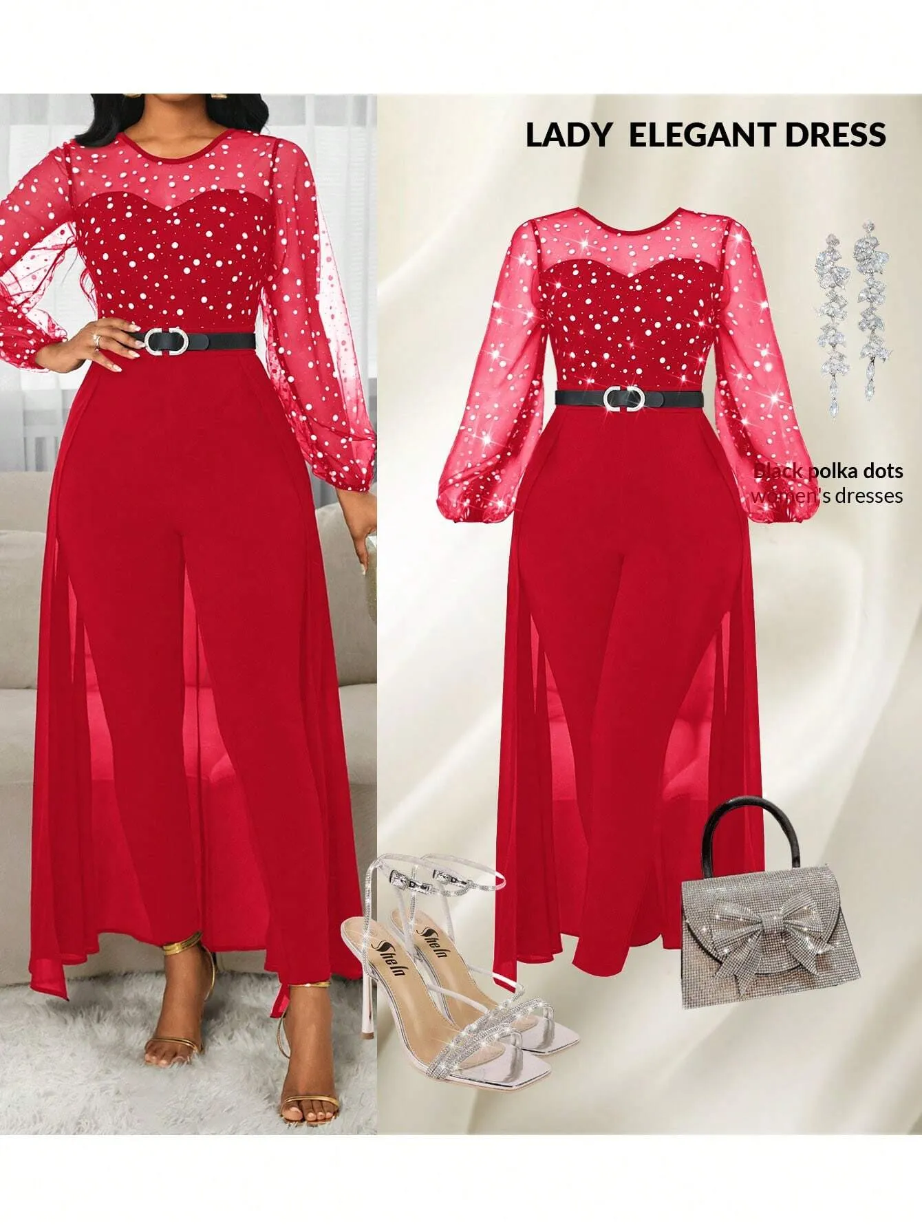 Lady Women's Fashion Elegant Round Neck Mesh Puff Sleeve 2 In 1 Dress