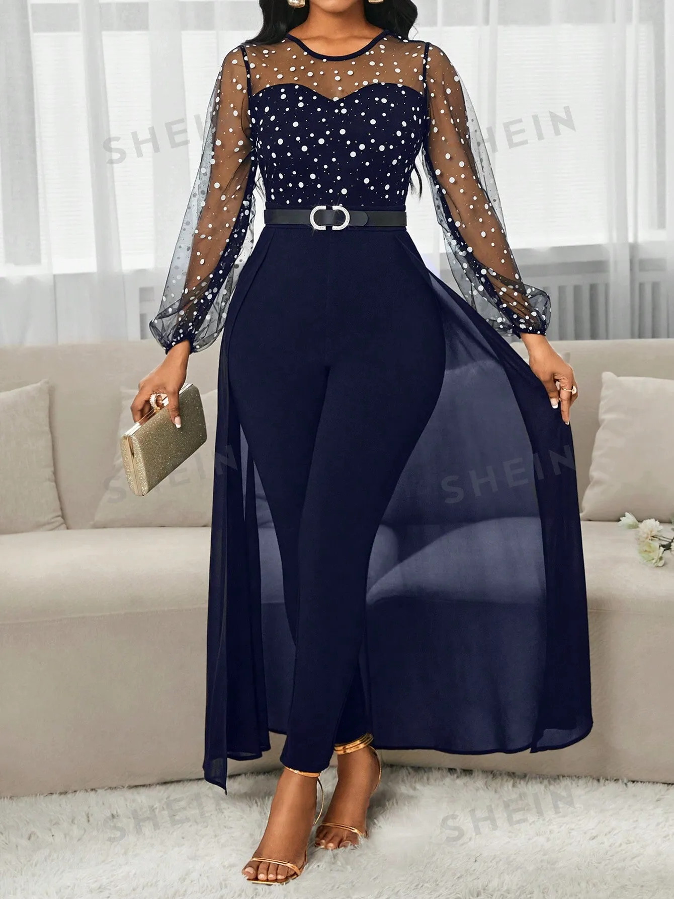 Lady Women's Fashion Elegant Round Neck Mesh Puff Sleeve 2 In 1 Dress