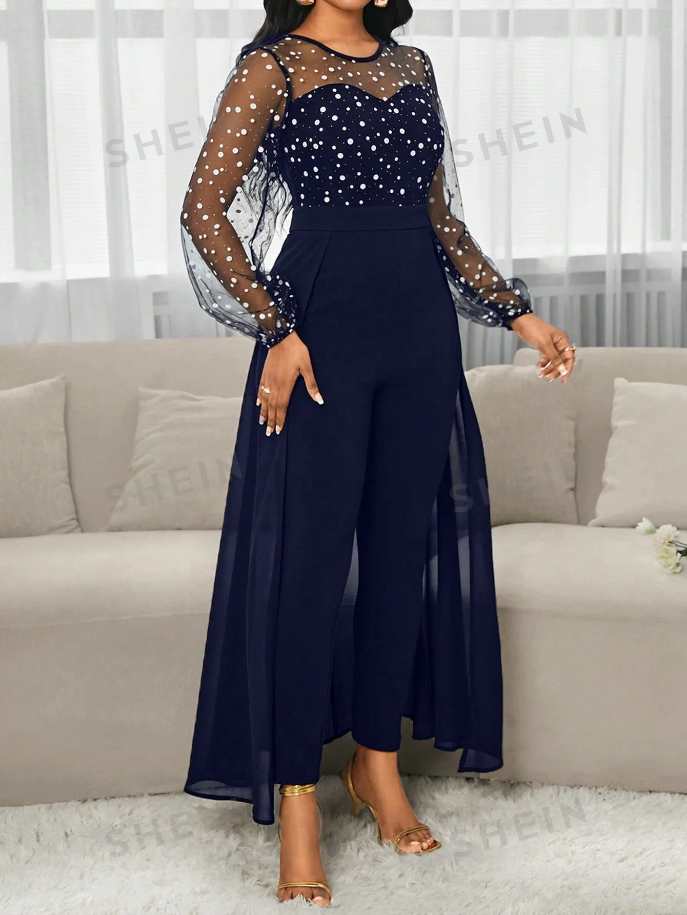 Lady Women's Fashion Elegant Round Neck Mesh Puff Sleeve 2 In 1 Dress