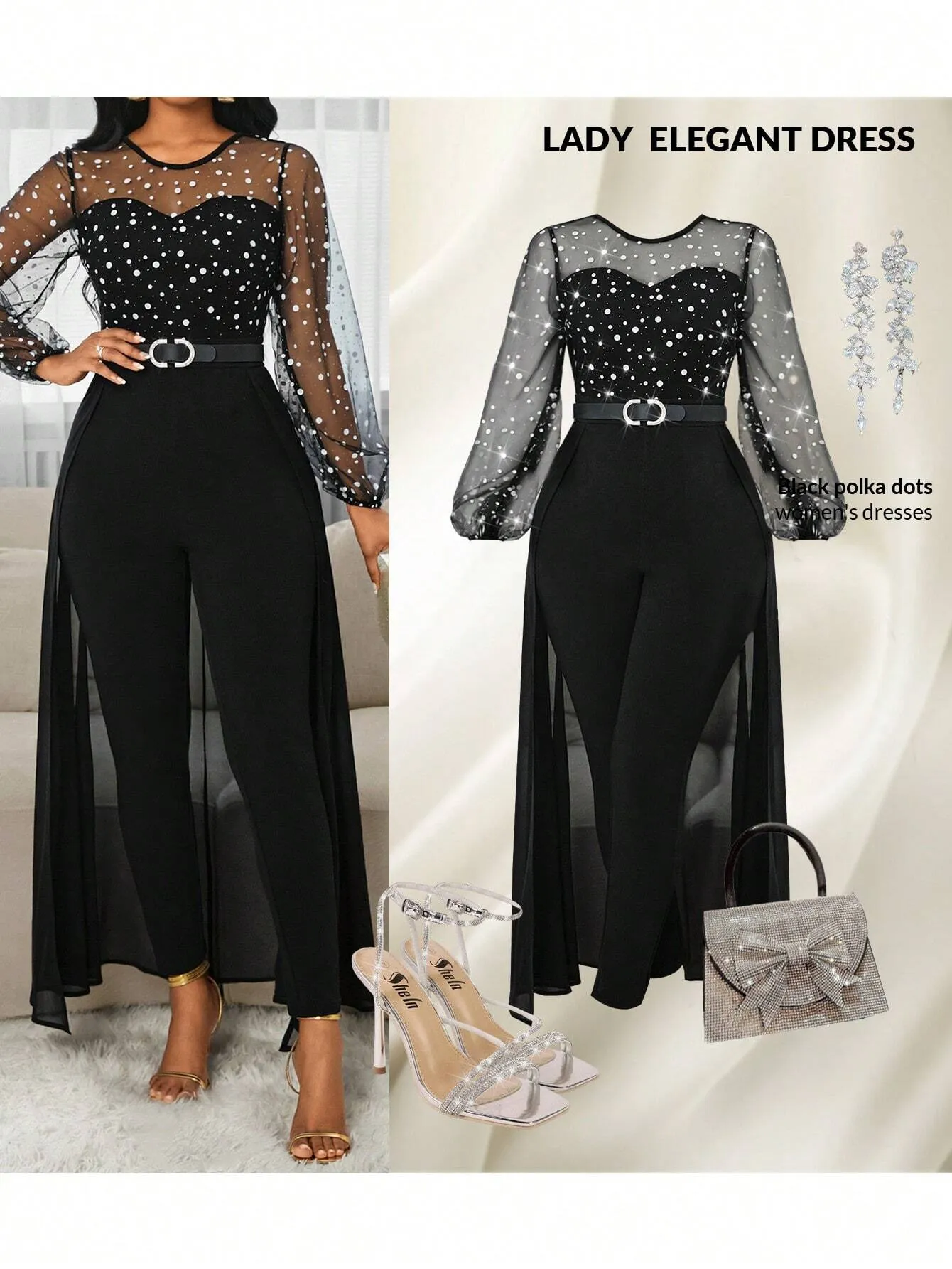 Lady Women's Fashion Elegant Round Neck Mesh Puff Sleeve 2 In 1 Dress