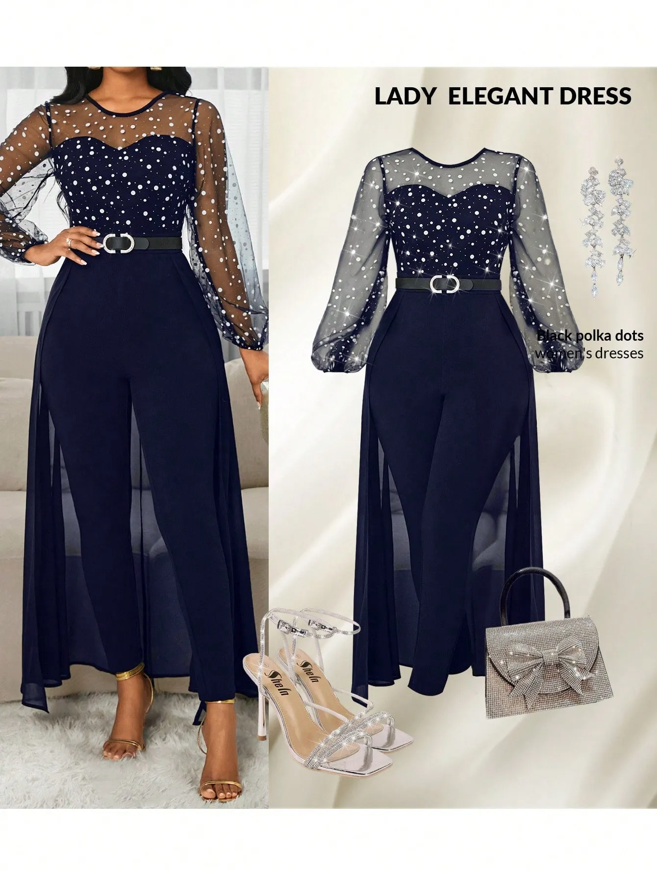 Lady Women's Fashion Elegant Round Neck Mesh Puff Sleeve 2 In 1 Dress
