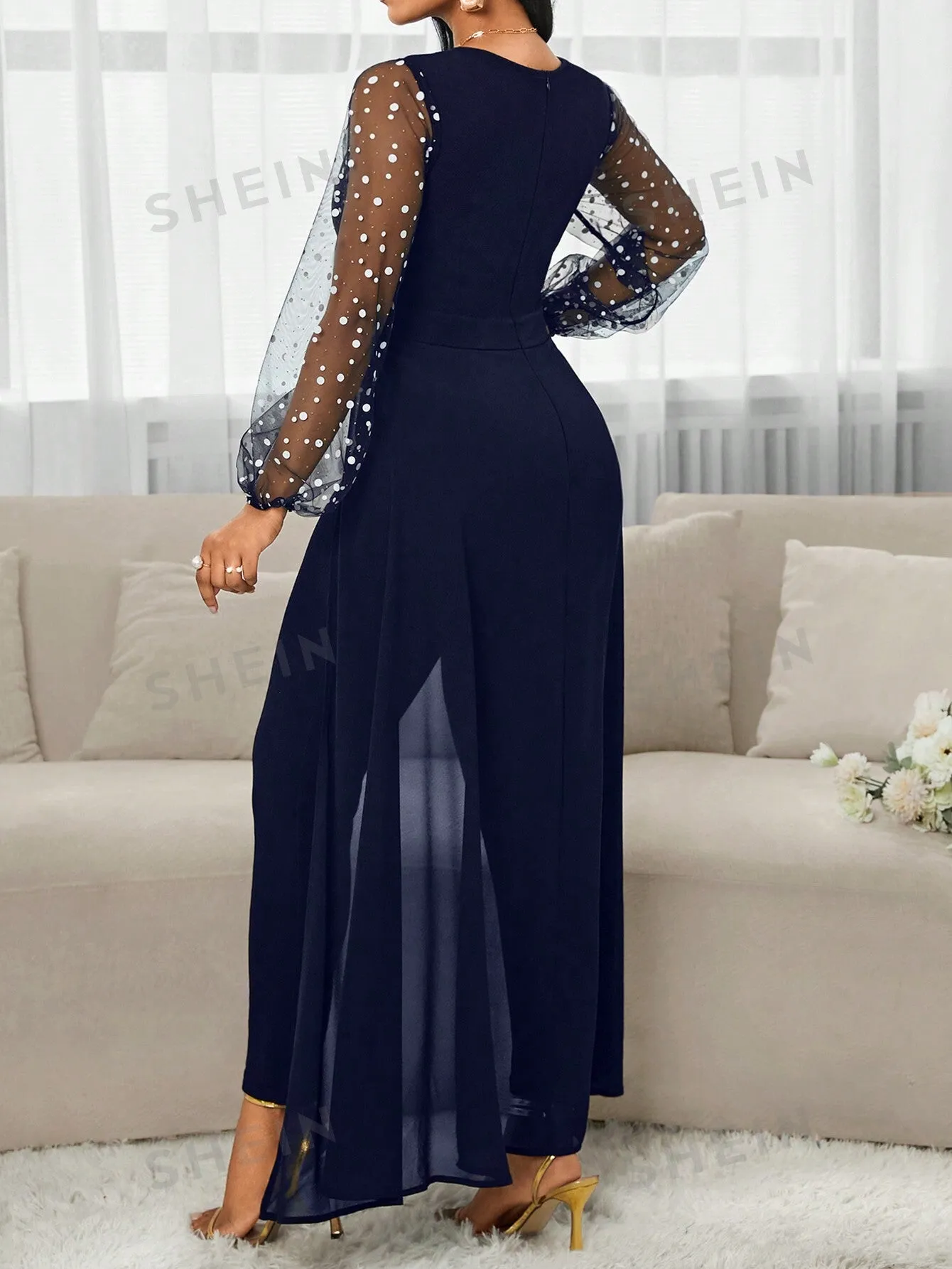 Lady Women's Fashion Elegant Round Neck Mesh Puff Sleeve 2 In 1 Dress