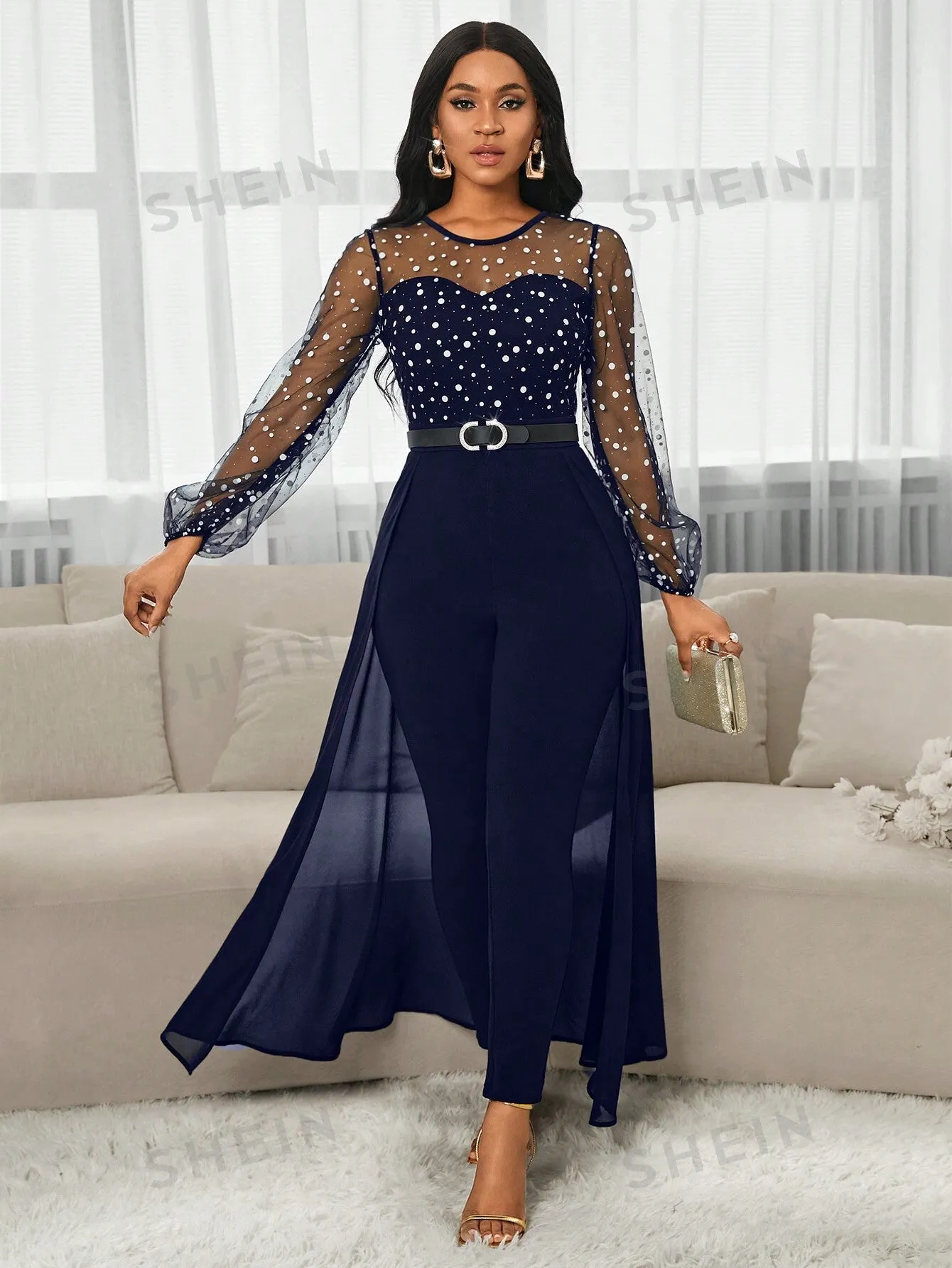 Lady Women's Fashion Elegant Round Neck Mesh Puff Sleeve 2 In 1 Dress