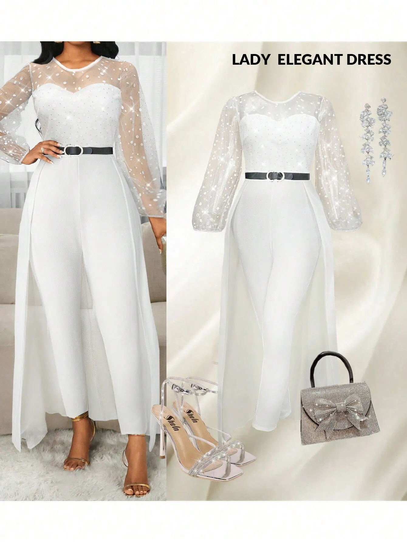 Lady Women's Fashion Elegant Round Neck Mesh Puff Sleeve 2 In 1 Dress