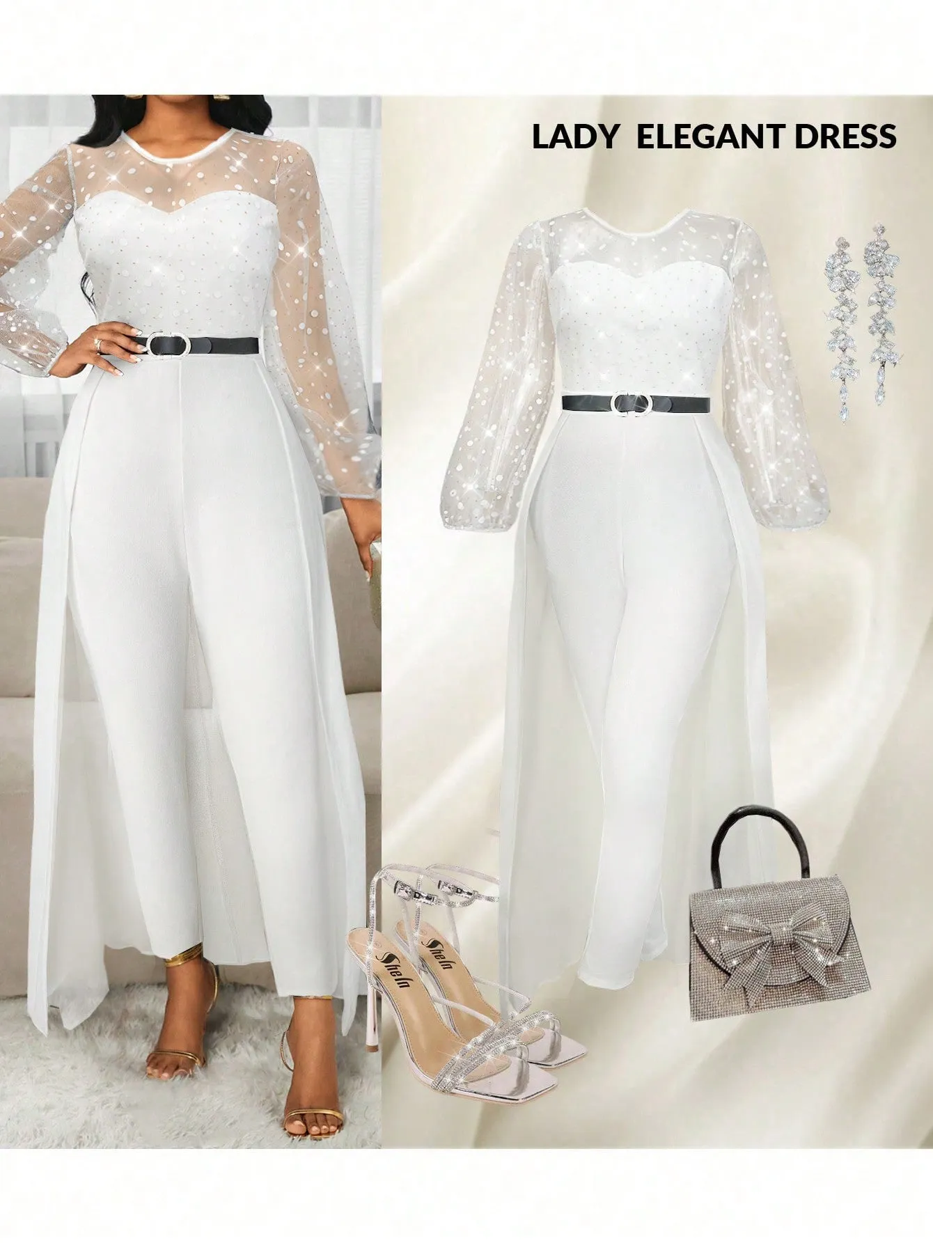 Lady Women's Fashion Elegant Round Neck Mesh Puff Sleeve 2 In 1 Dress